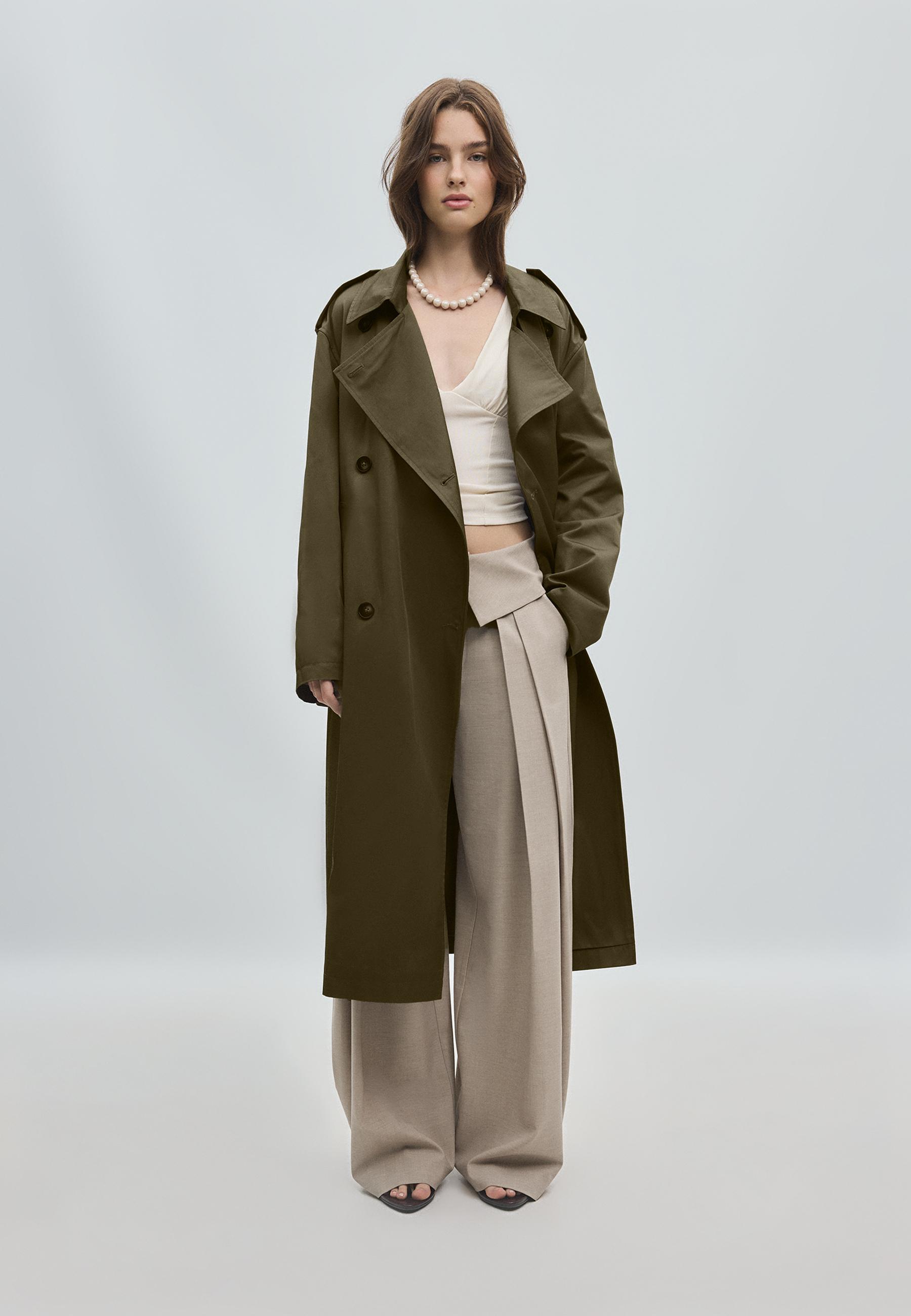 Stradivarius Βασικό Μακρύ Trench Χακί L