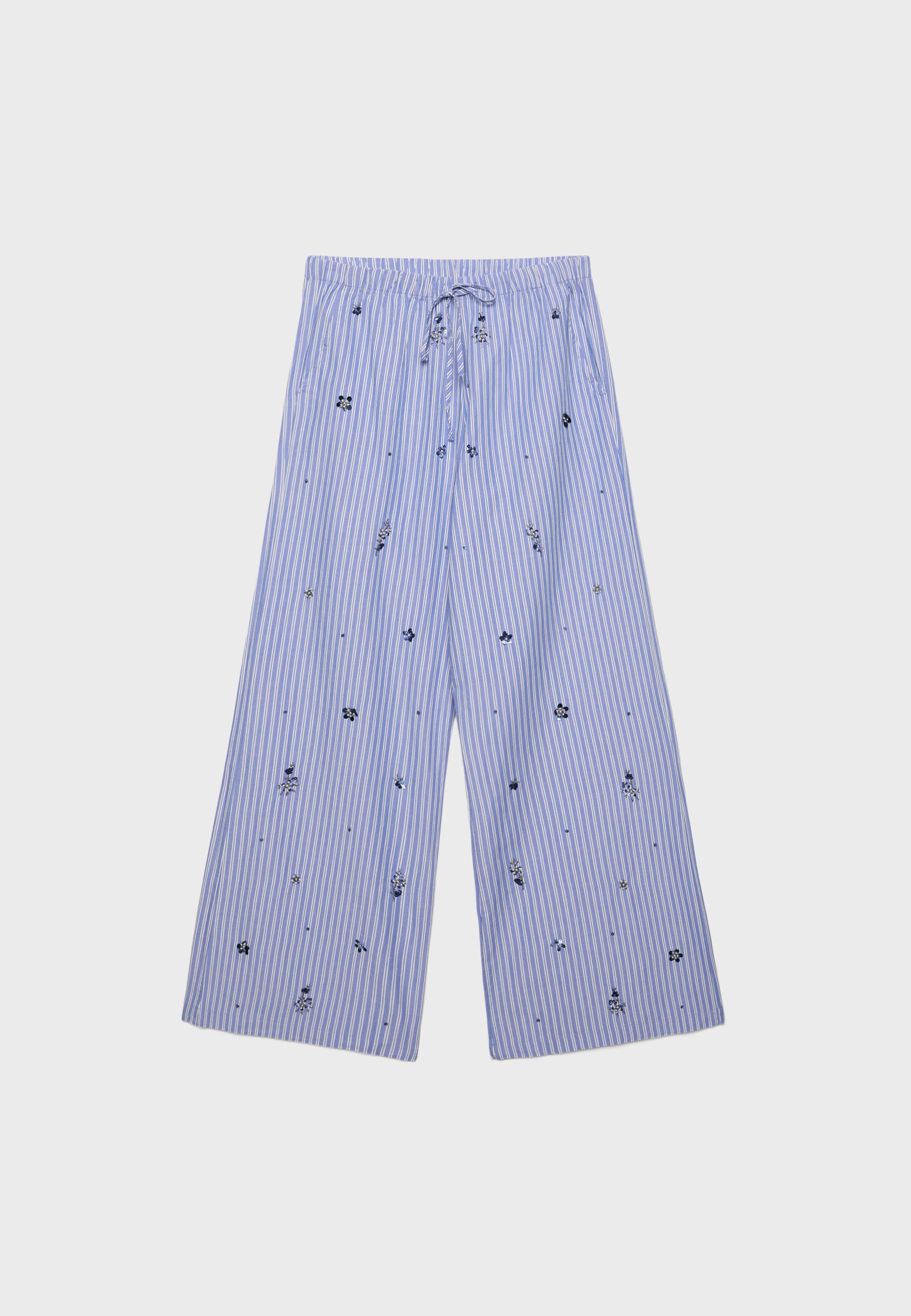 Embroidered pyjama-style trousers — Sky blue