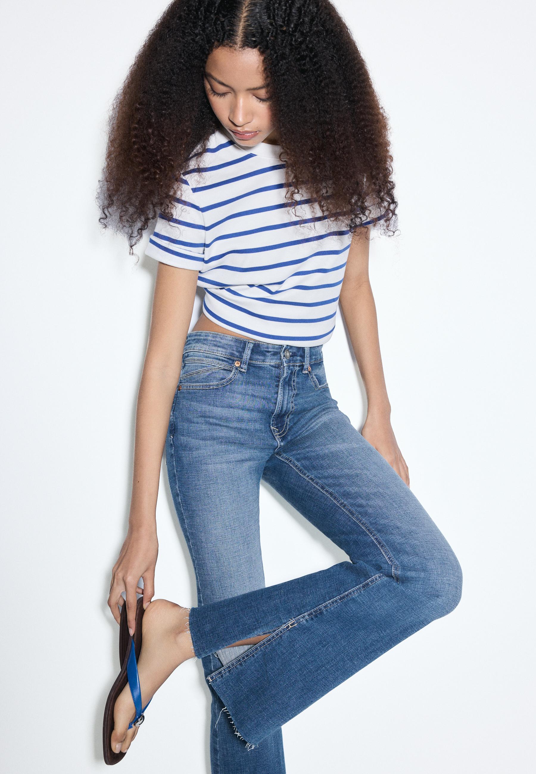 D74 Bell bottom jeans with split — MEDIUM LIGHT BLUE DENIM