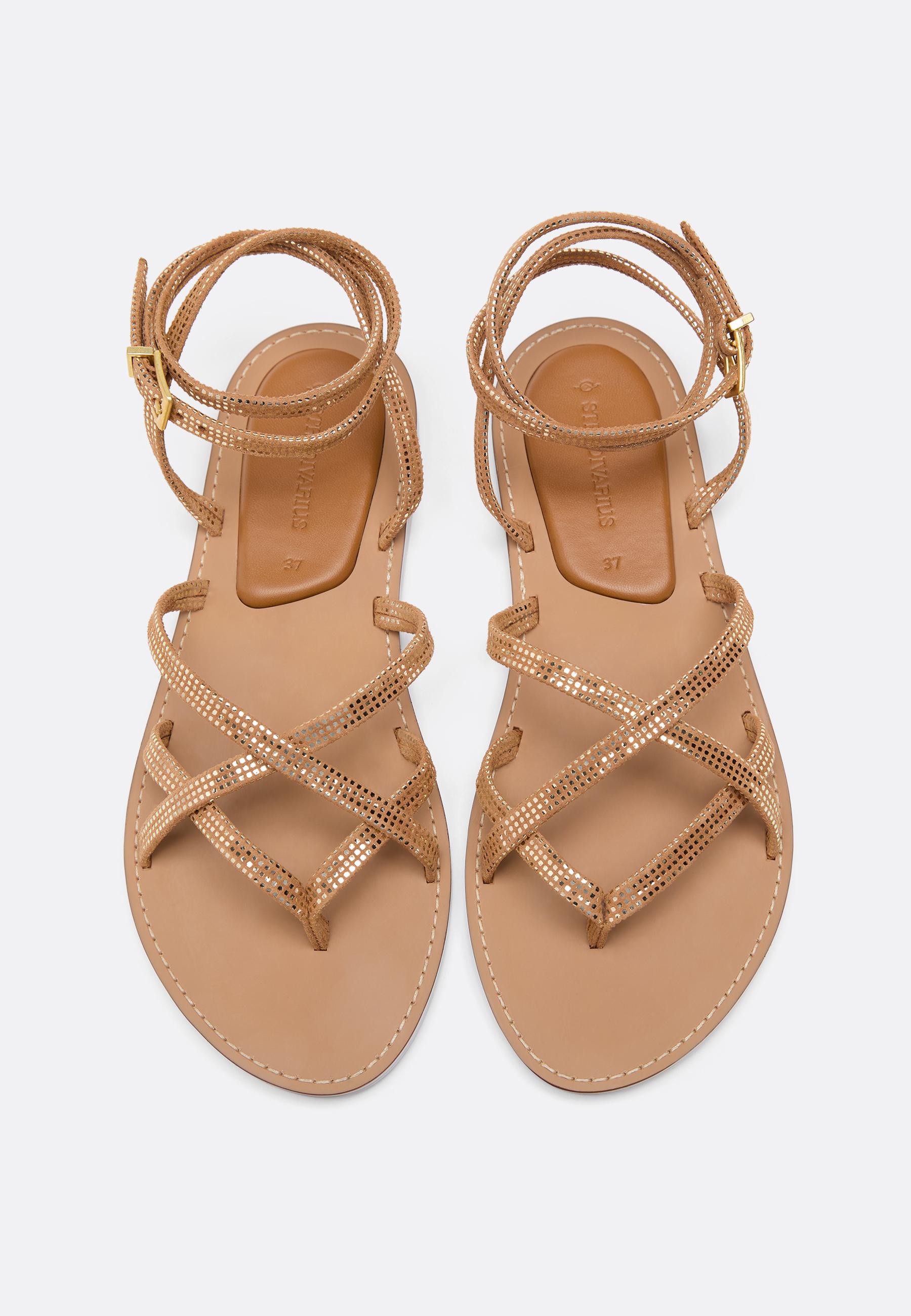 Flat studded leather strap sandals — BROWN