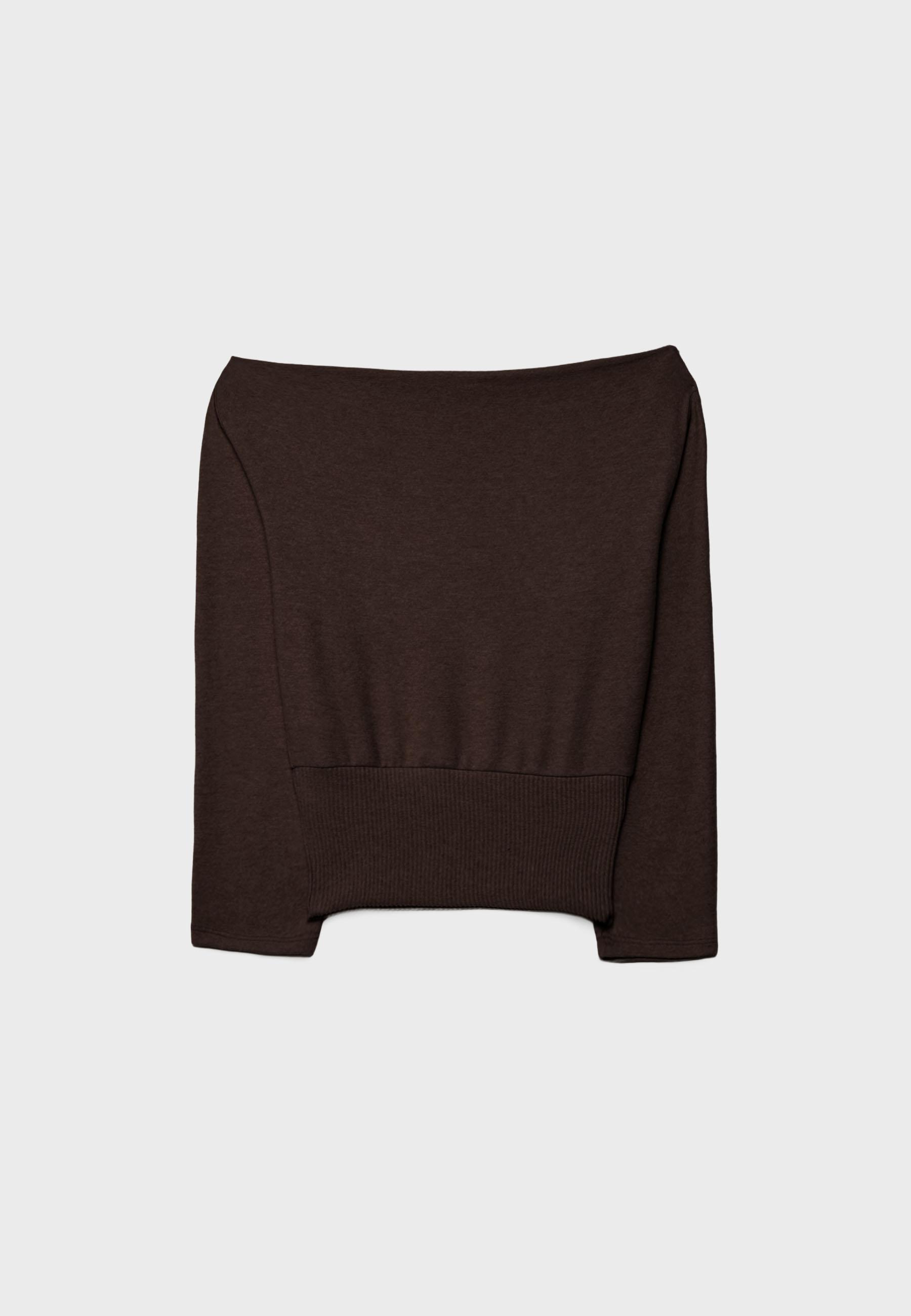 Boat neck knit T-shirt with sash belt — Brown