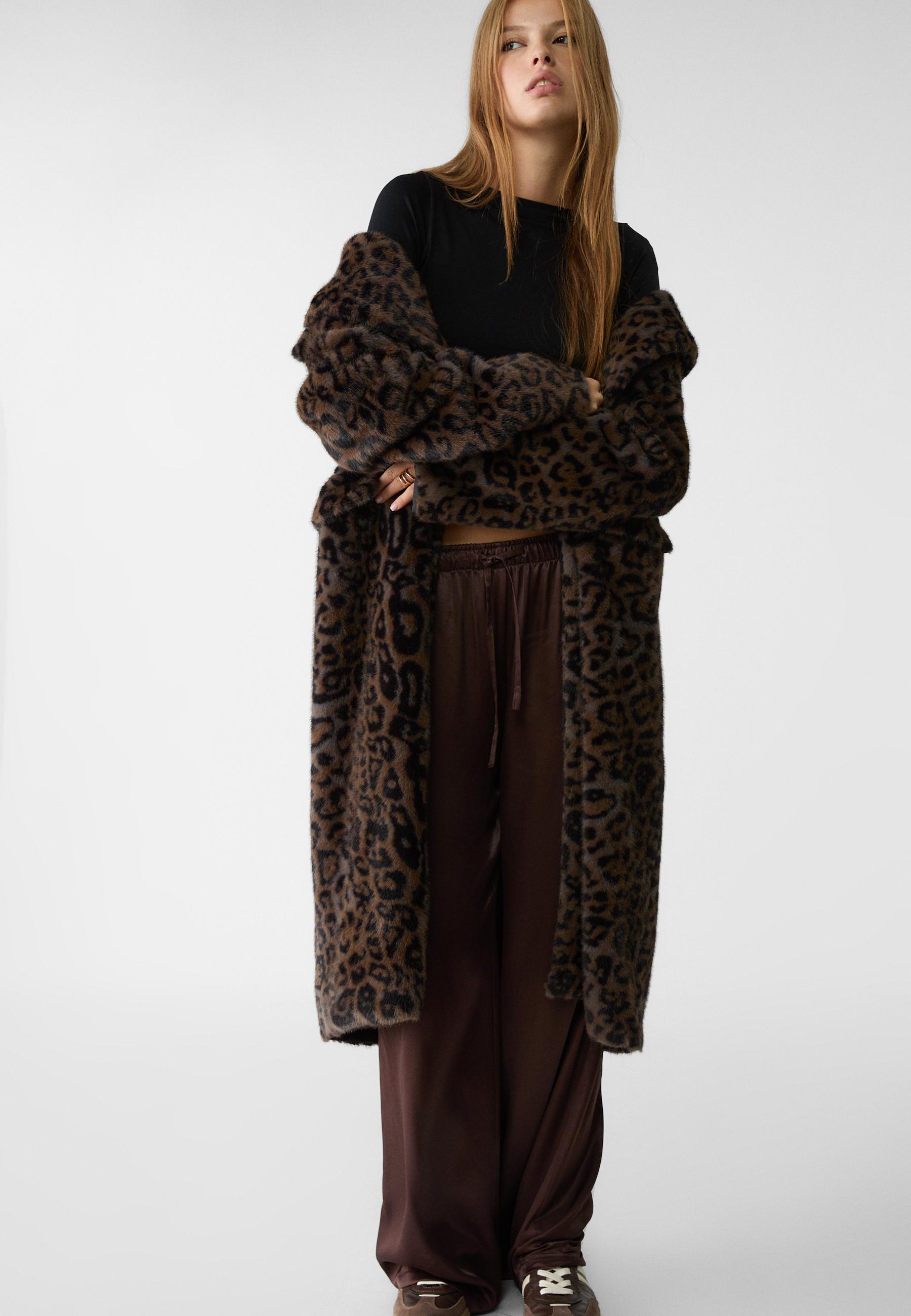 LEOPARD LONG good COAT | vintage secondhand preloved pre-owned brown animal print faux fur tailored long over coat in between seasons, xxs xs s