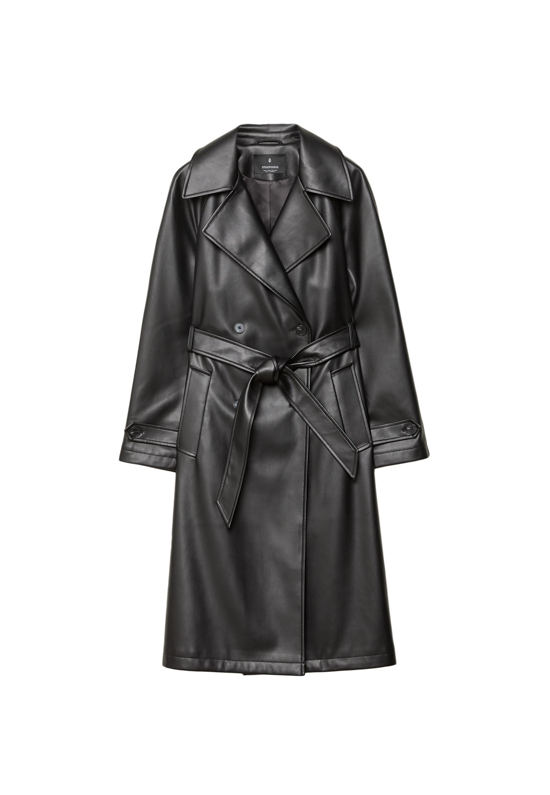 Long faux leather trench coat — Black