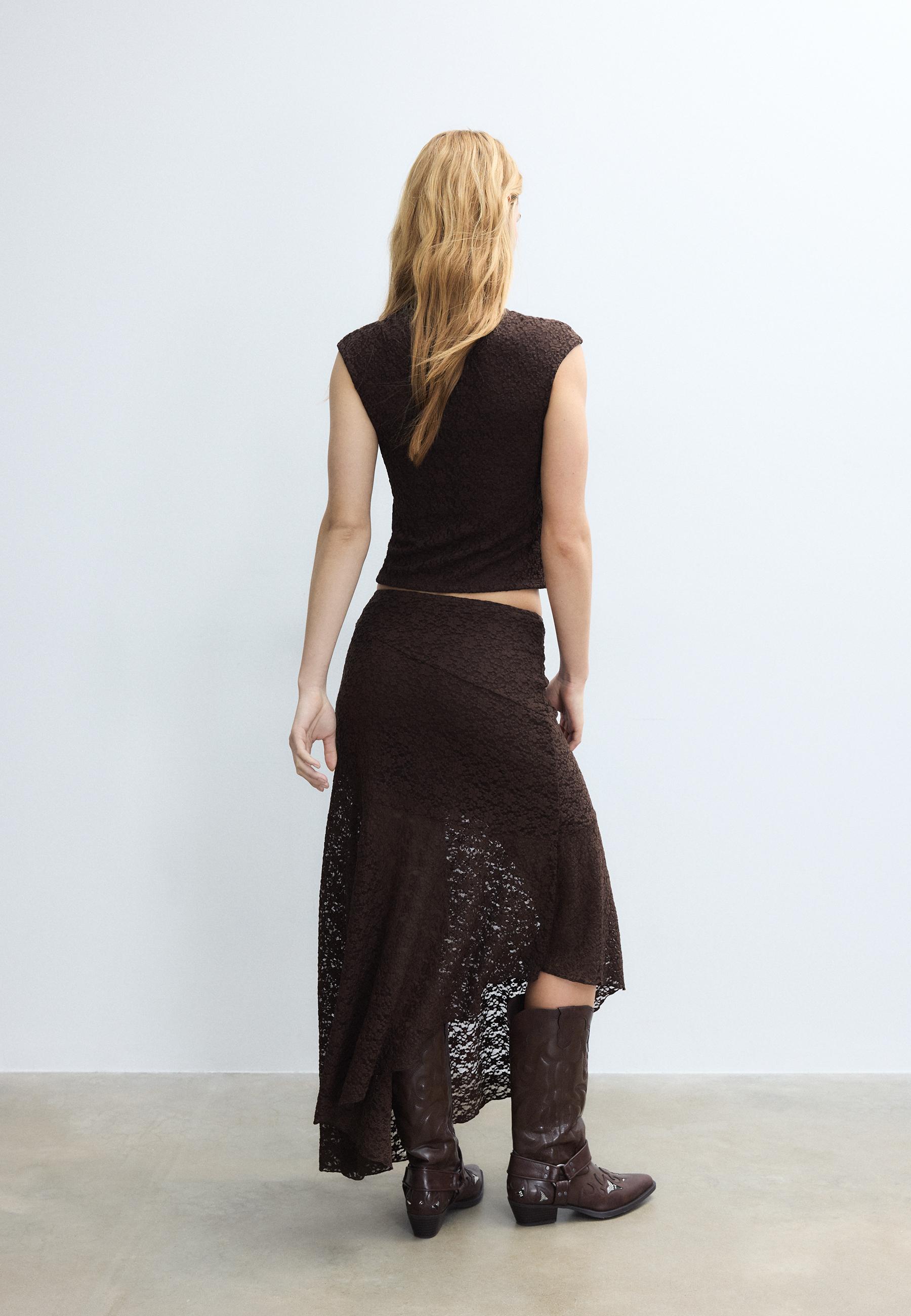 Asymmetric lace midi skirt — Brown