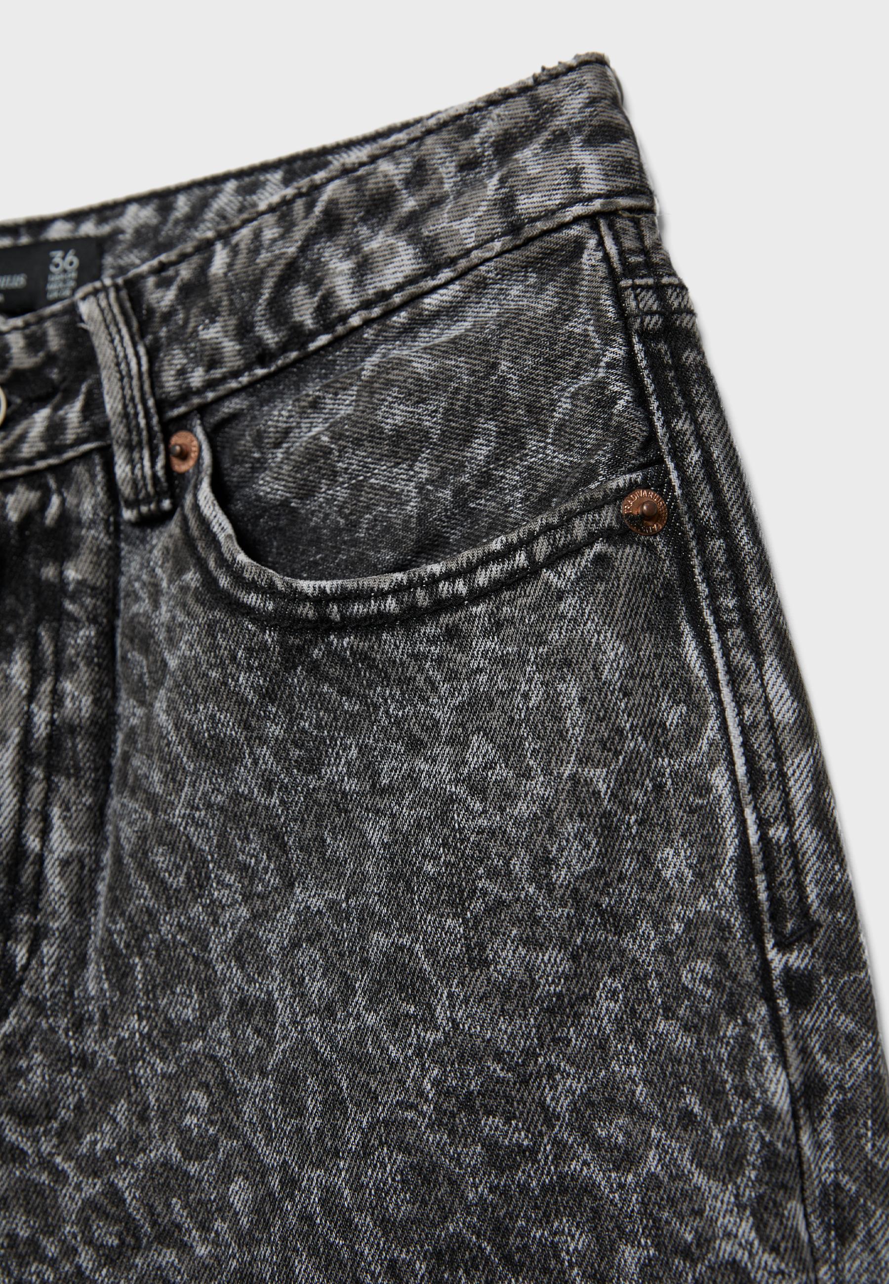 Straight wide-leg leopard print jeans — BLACK DENIM WASHED EFFECT 