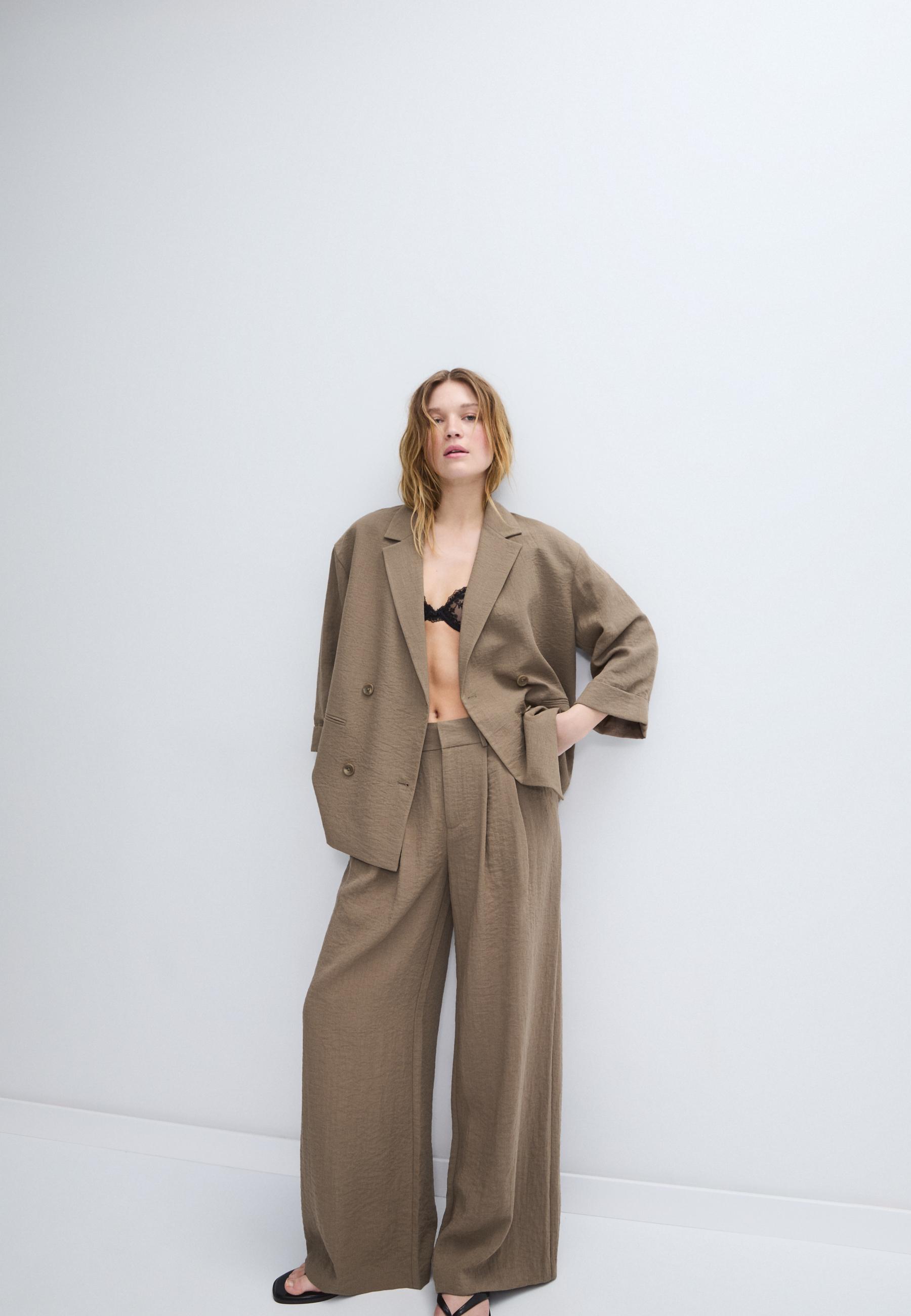 Ayarlanabilir düğmeli keten karışımlı bol paça pantolon - Görsel 3