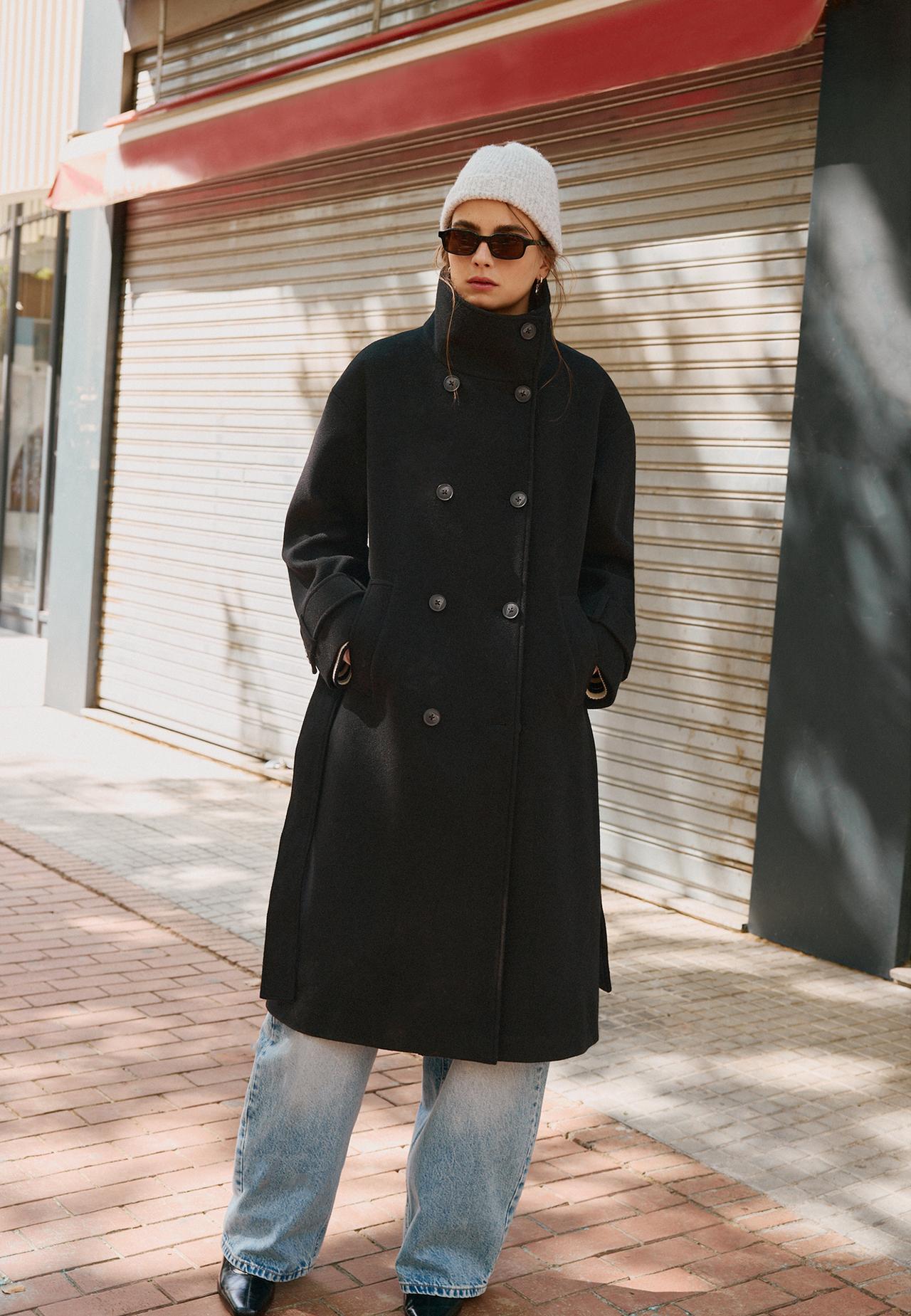 Soft-touch high neck long coat — Black