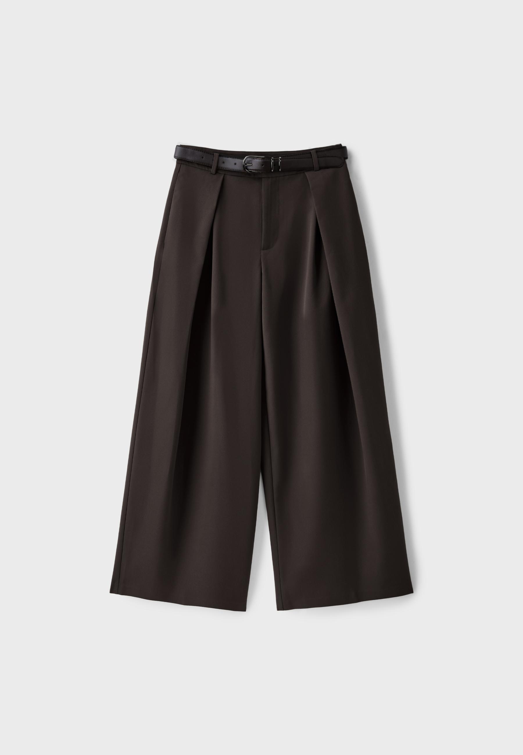 Wide-leg darted trousers with belt — Brown