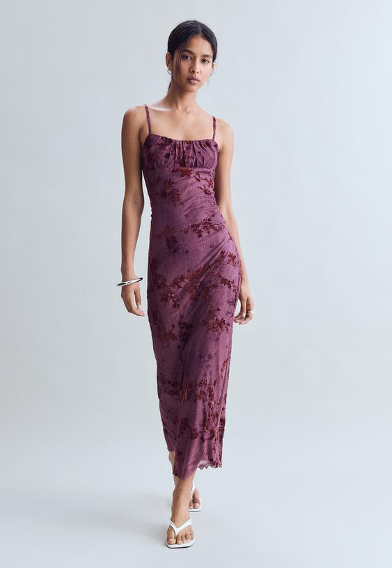 vestito midi a spalline floccato