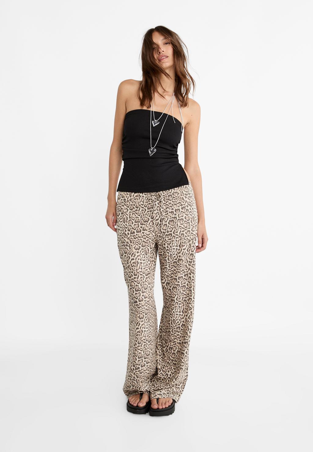 Flowing printed linen blend trousers