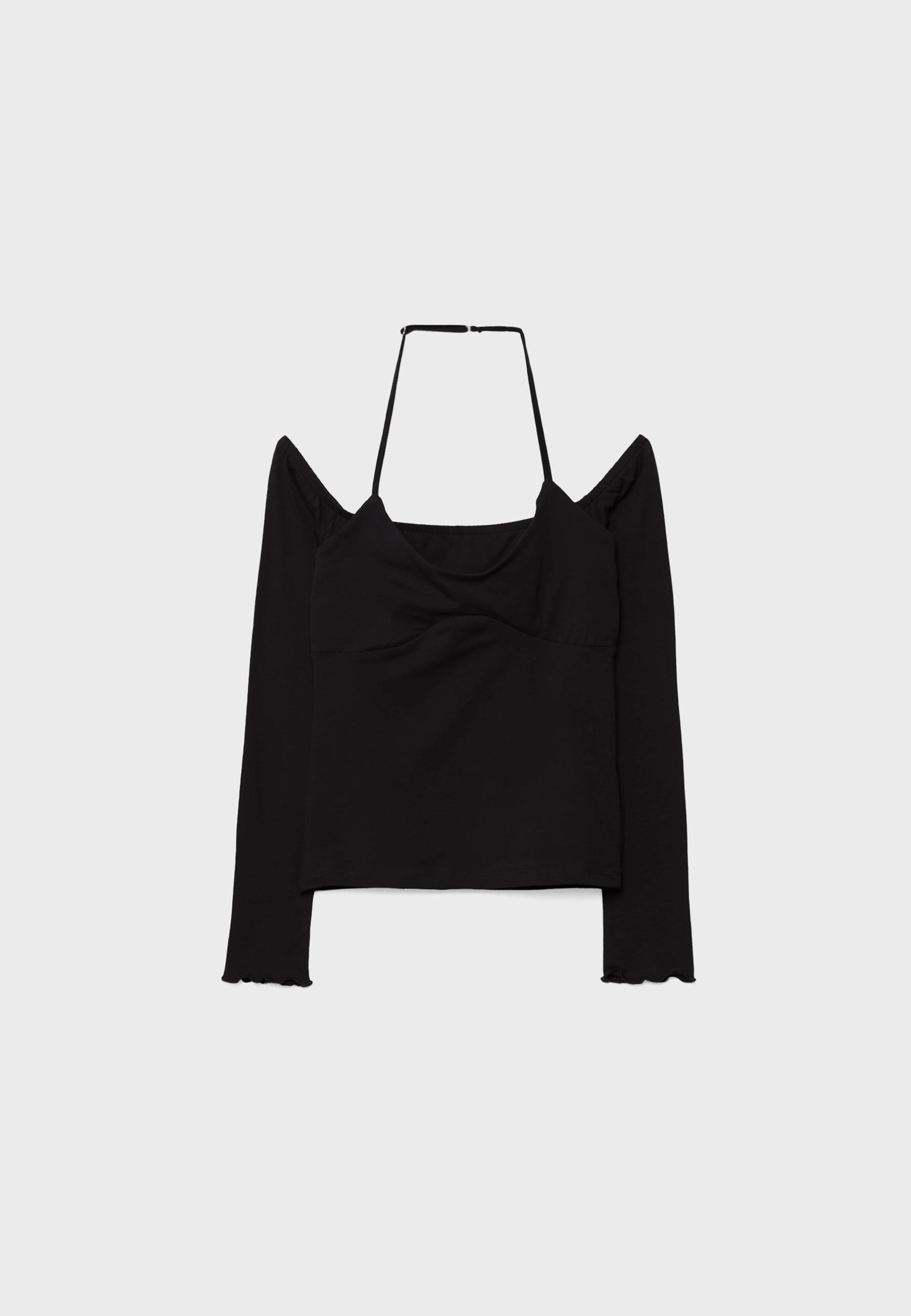 Long sleeve halter neck T-shirt — Black