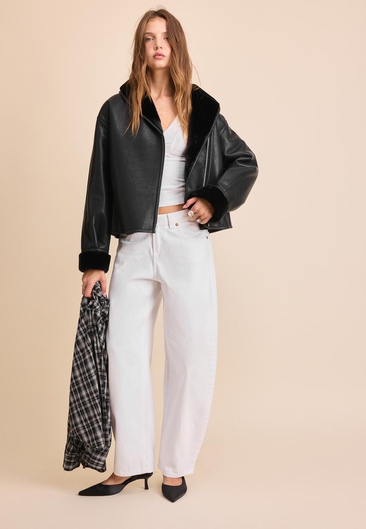 Stradivarius Τζάκετ Ντουμπλ Φας Με Γυριστό Γιακά Και Όψη Δέρματος Μαύρο Xl