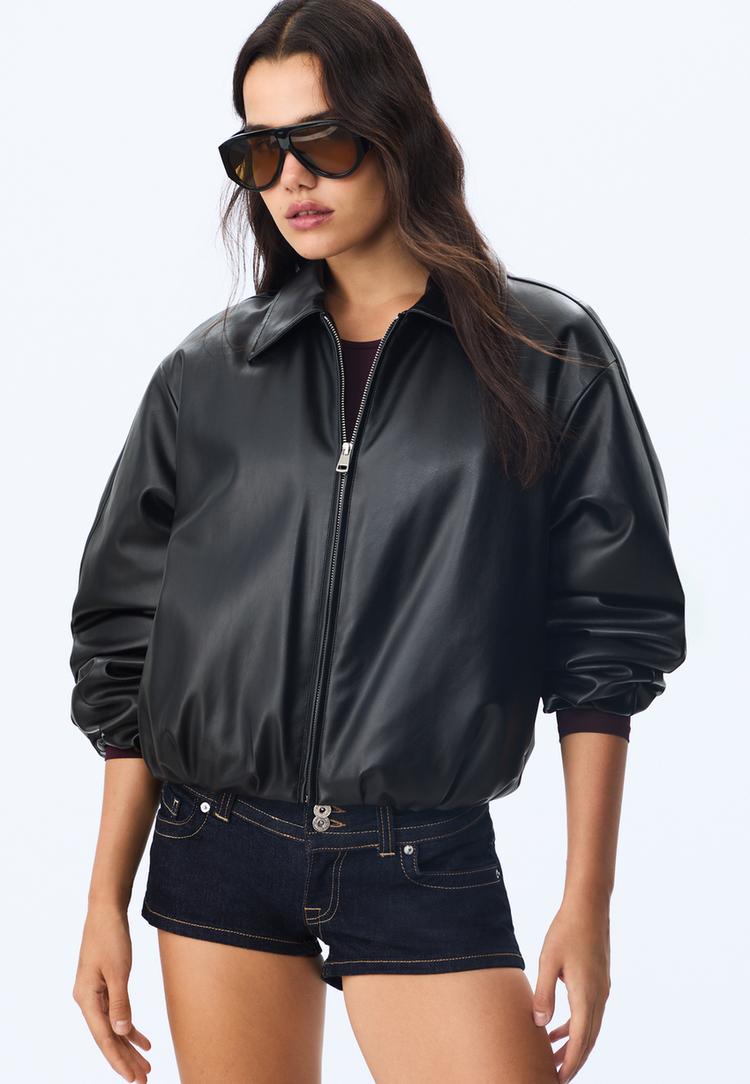 faux leather quilted bomber jacket