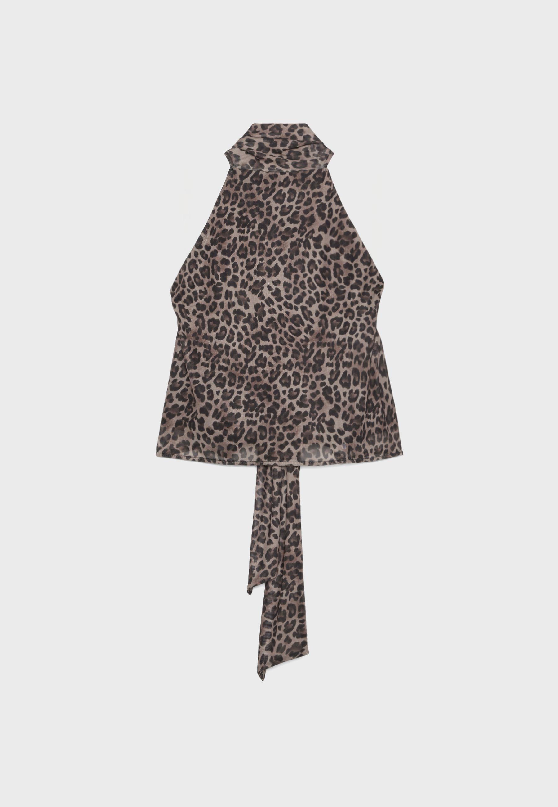 Printed tulle halter scarf top — Mid beige