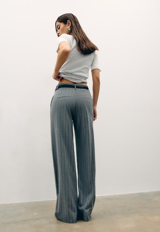 Stradivarius Flowing Straight-Leg Smart Trousers With Belt Dark Grey 14