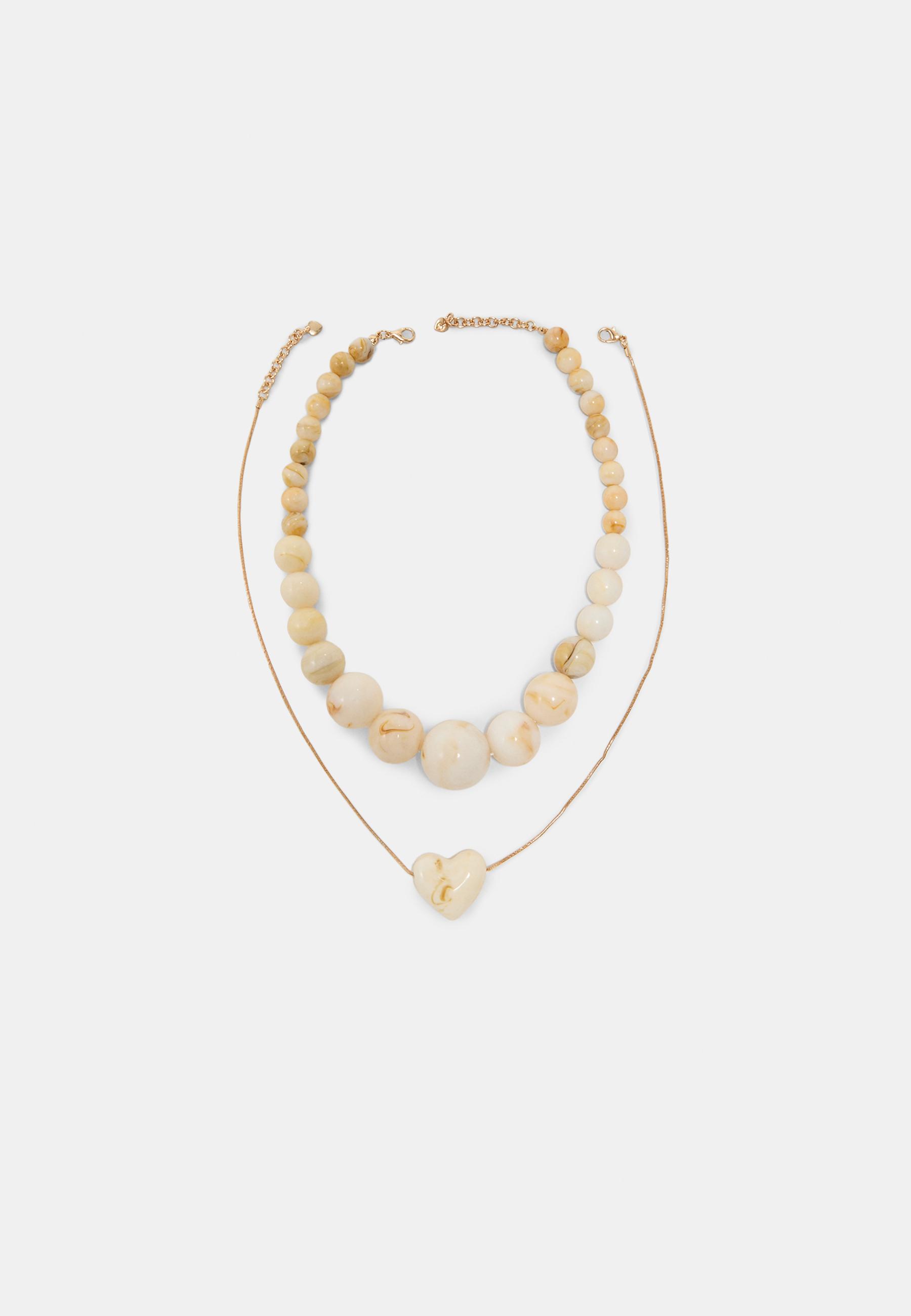 Set of 2 beaded and heart necklaces — Ecru