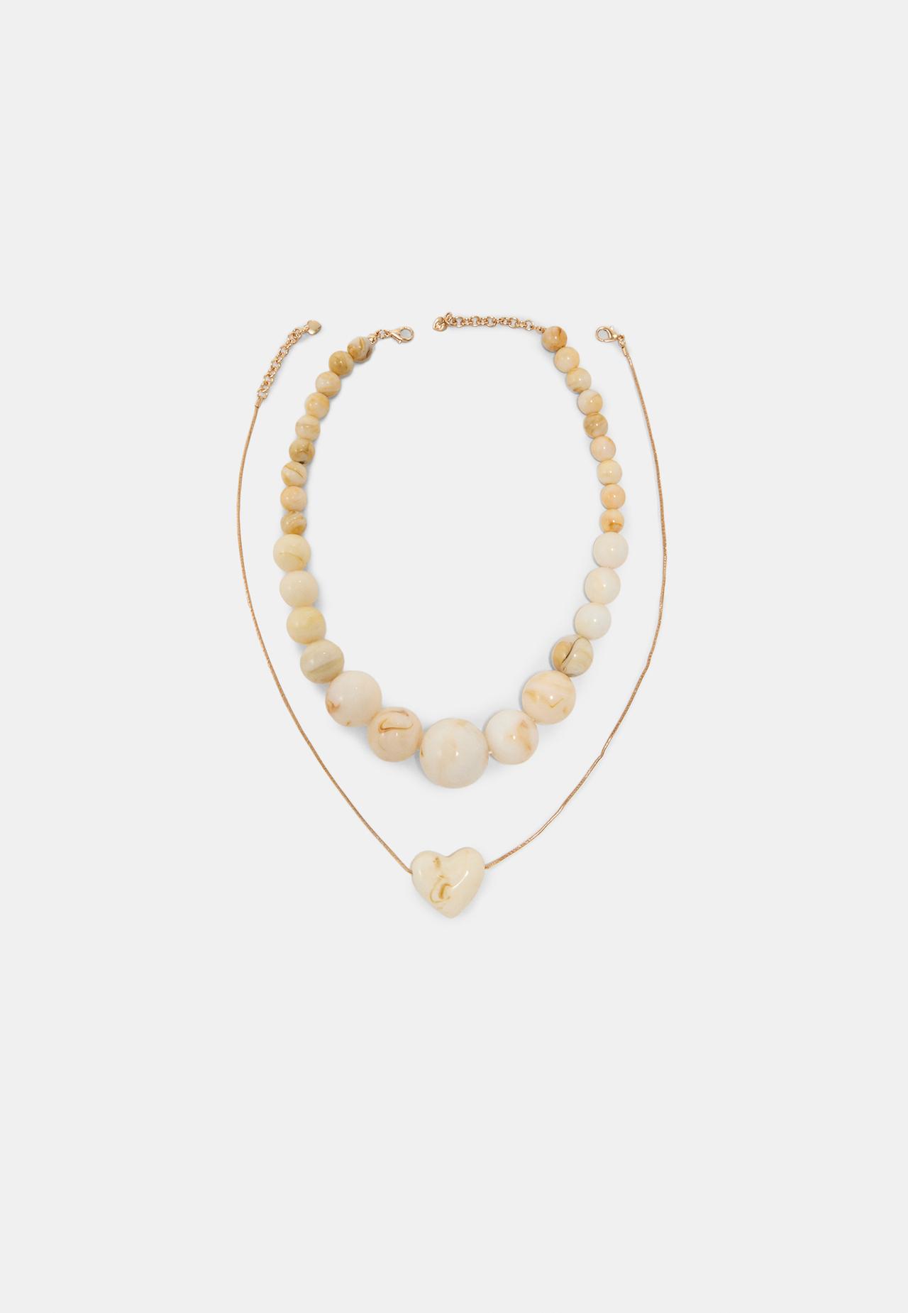 Set of 2 bead and heart necklaces — Ecru