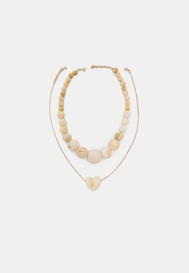 Set of 2 bead and heart necklaces — Ecru 3