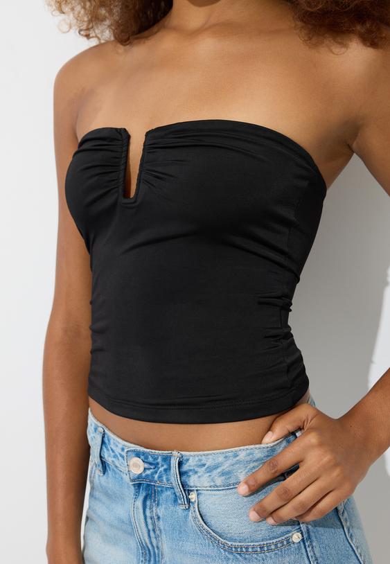 Stradivarius Top Crop Drapat Negru M