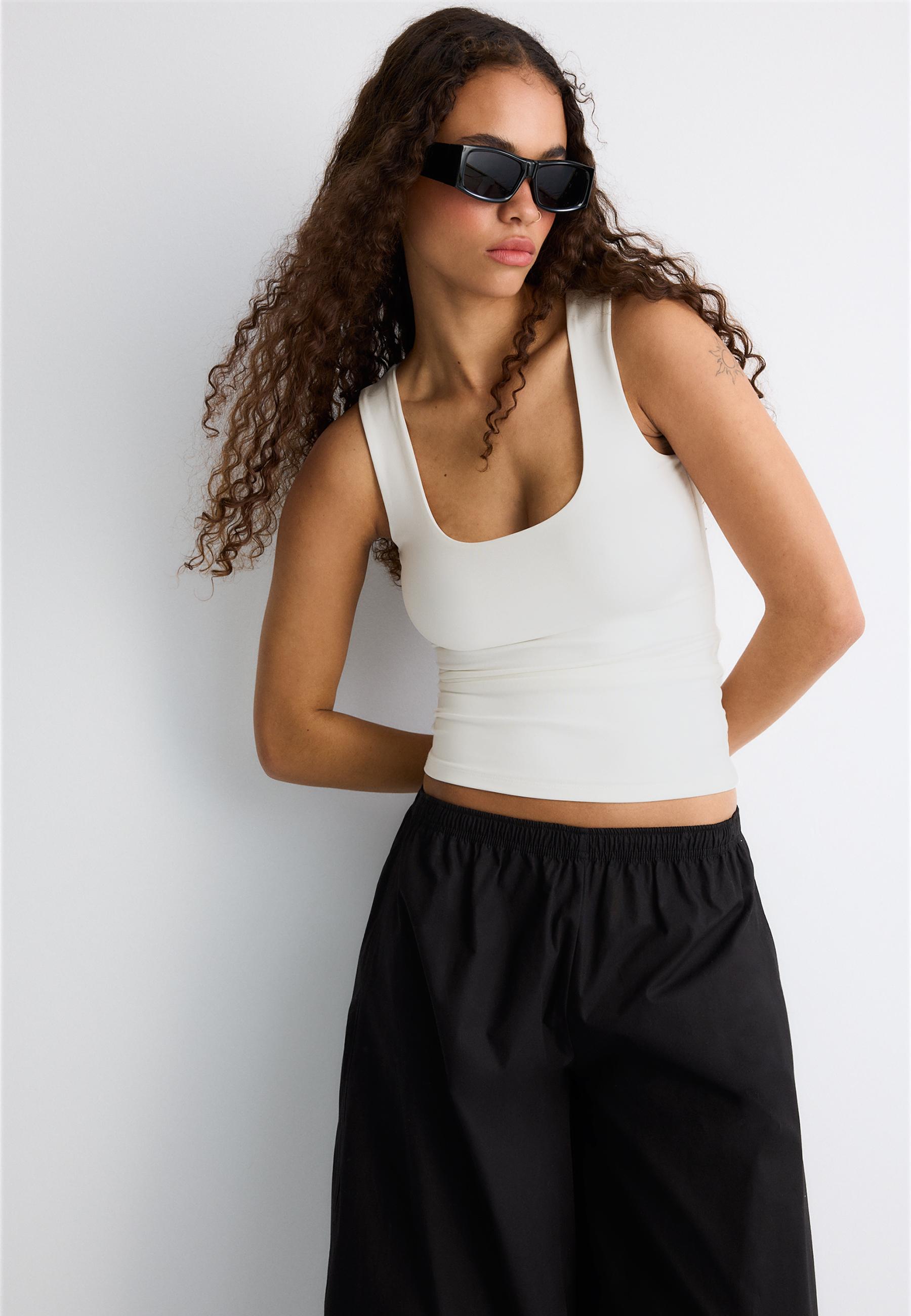Polyamide wide-strap T-shirt — Ecru