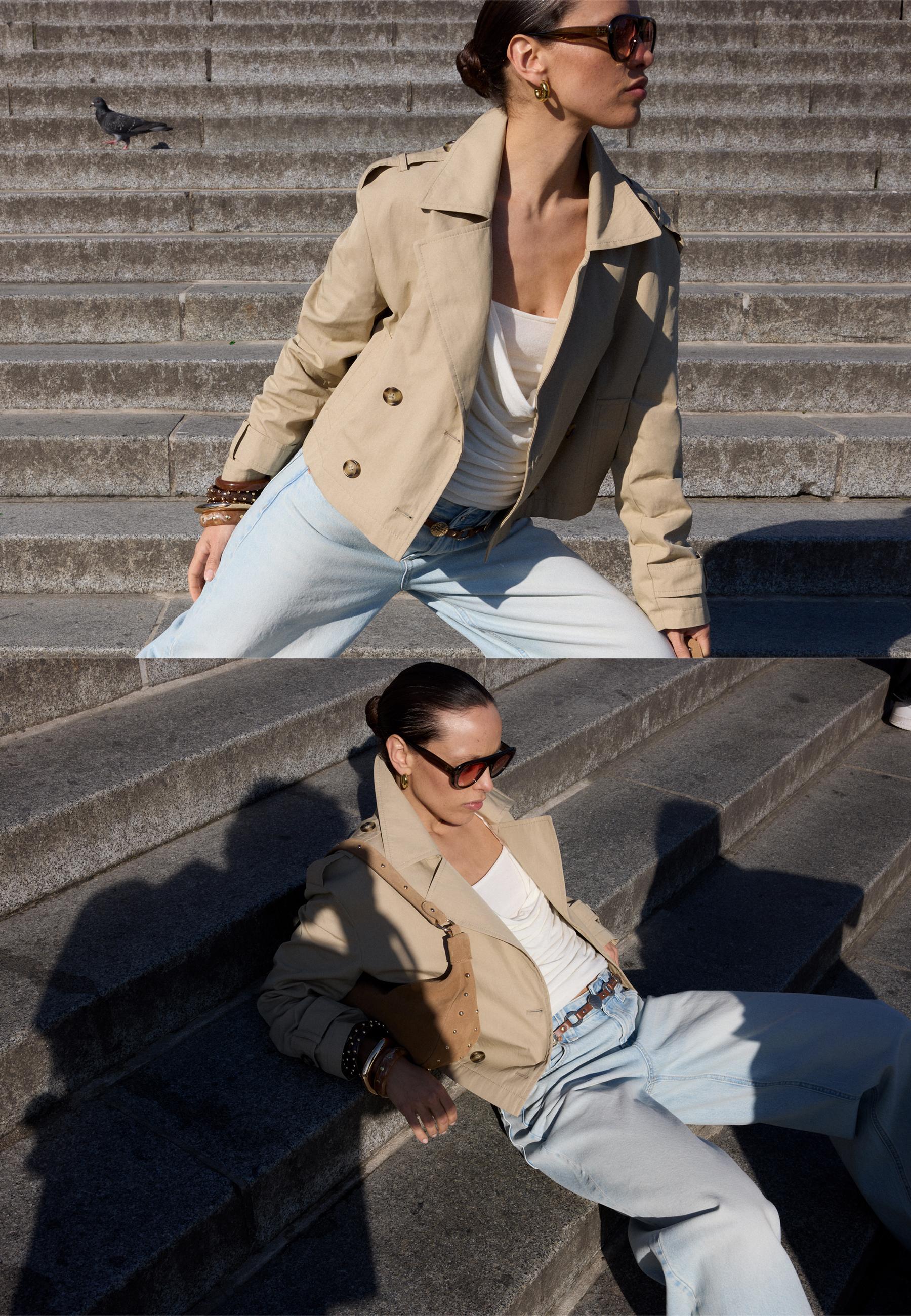 Short double-breasted trench coat — Stone
