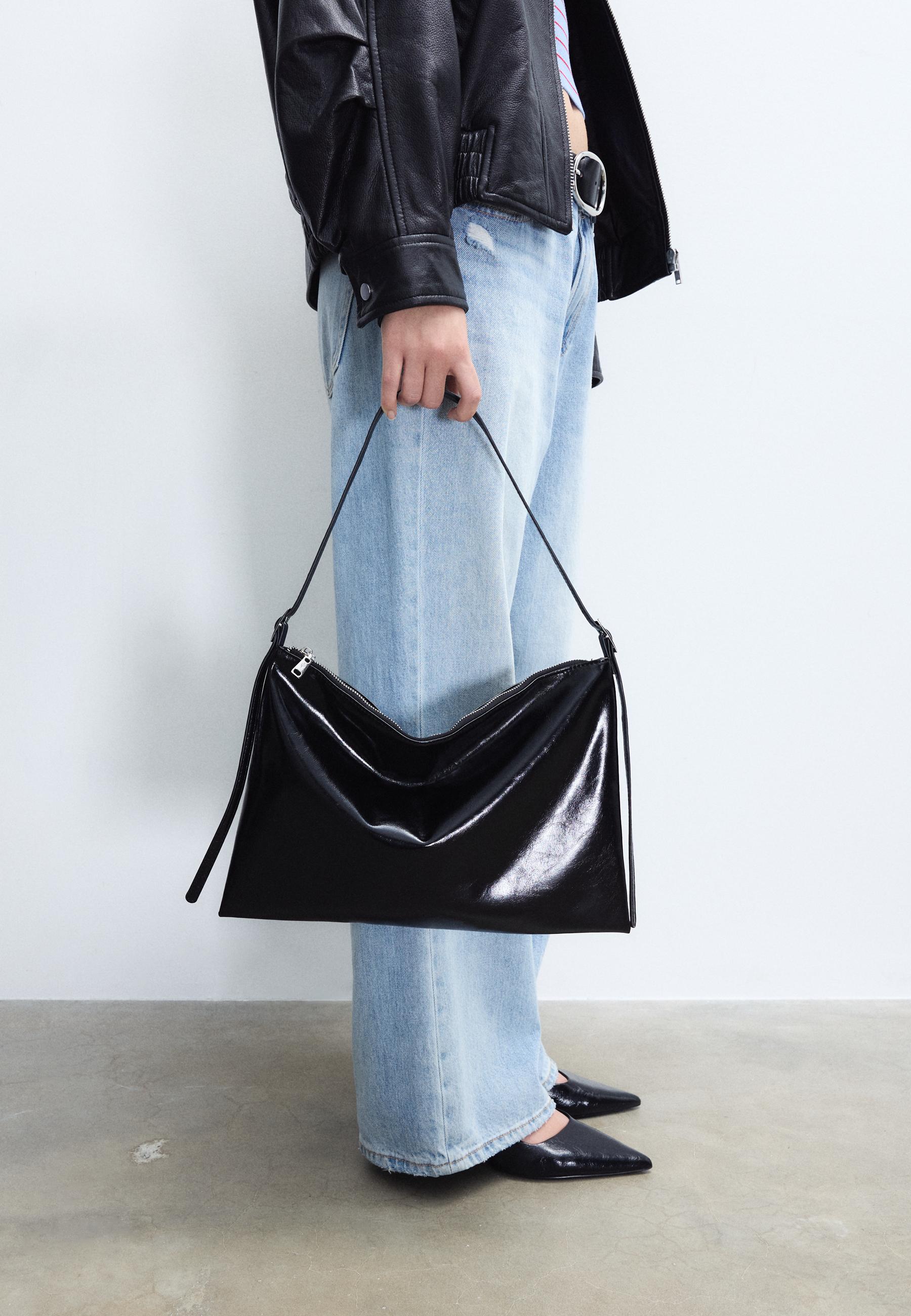 Mini soft-touch shoulder bag with zips — Black