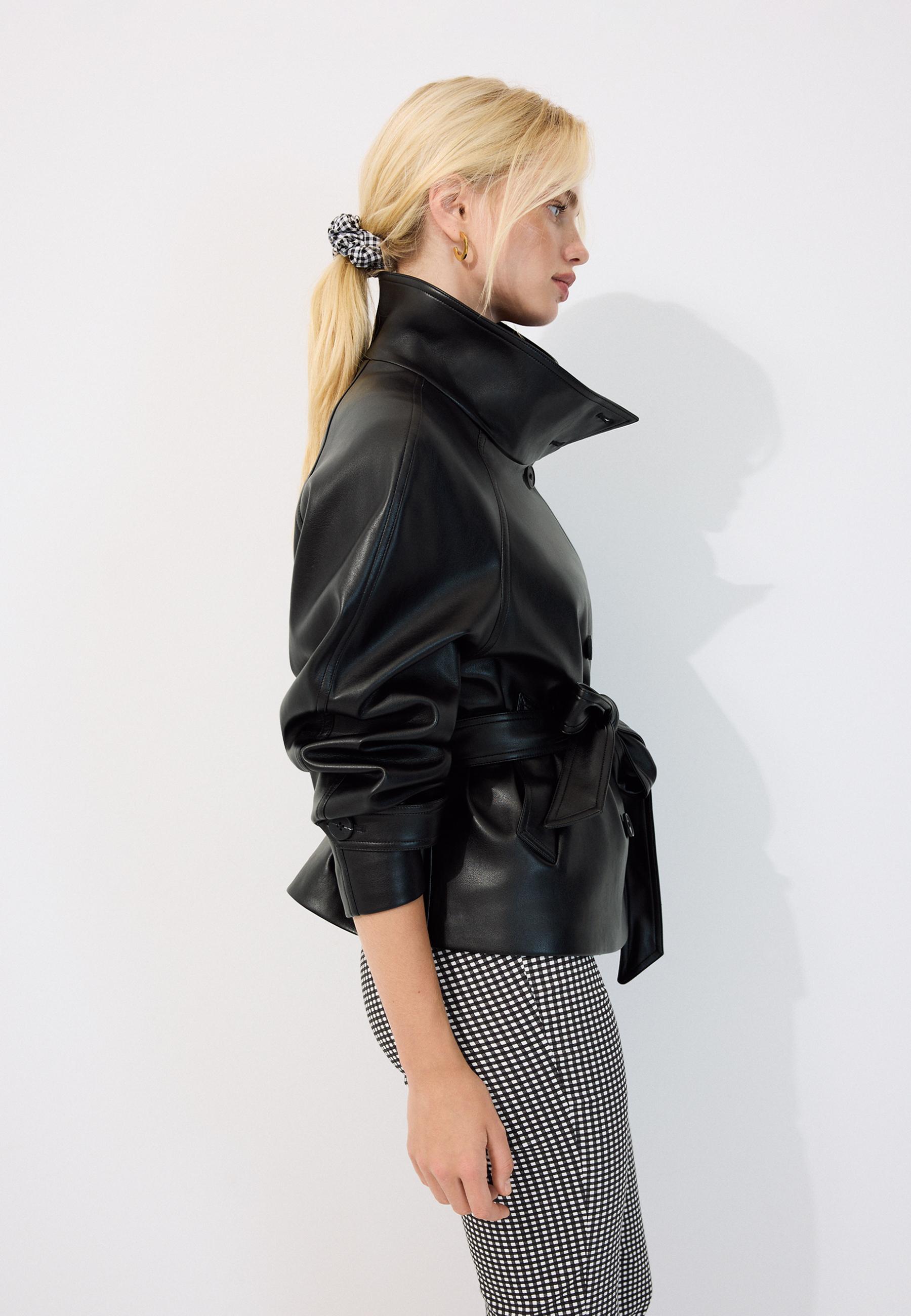 High neck leather effect trench coat — Black