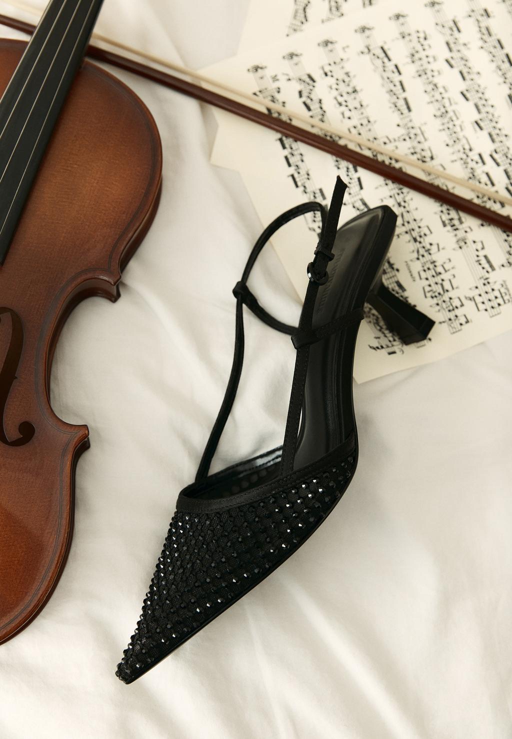 Mesh heeled shoes with rhinestones