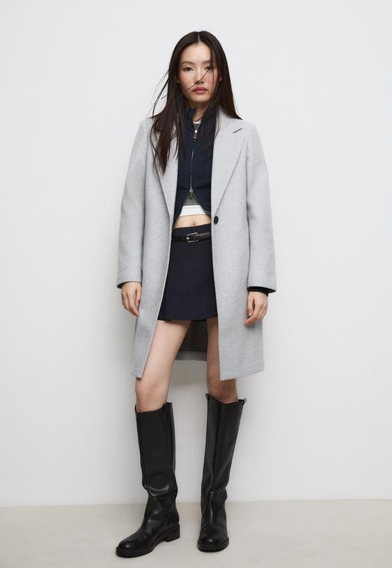 Stradivarius Palton Midi Cu Nasture, Moale La Atingere Gris Amestec S