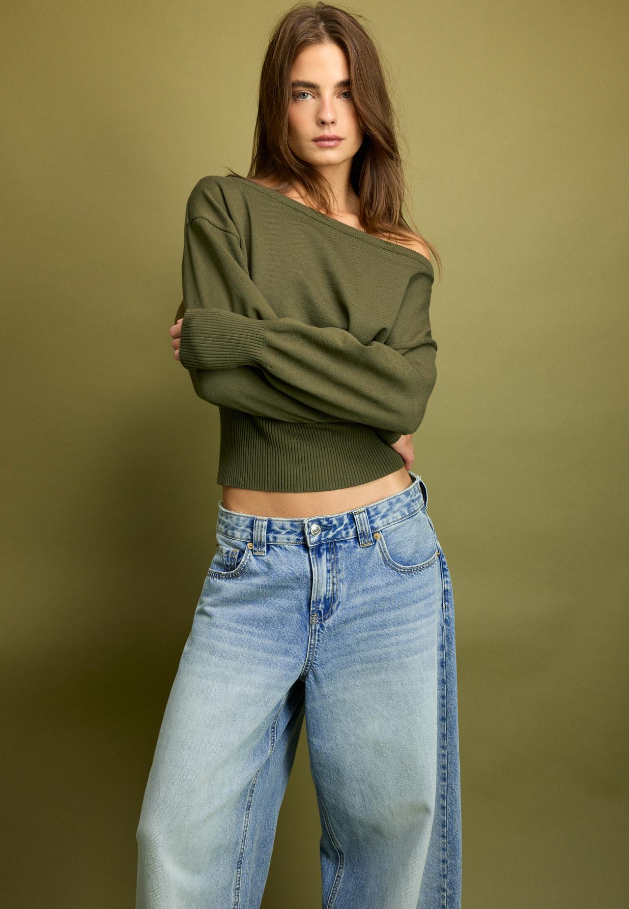 Asymmetric ribbed hem knit jumper — Khaki