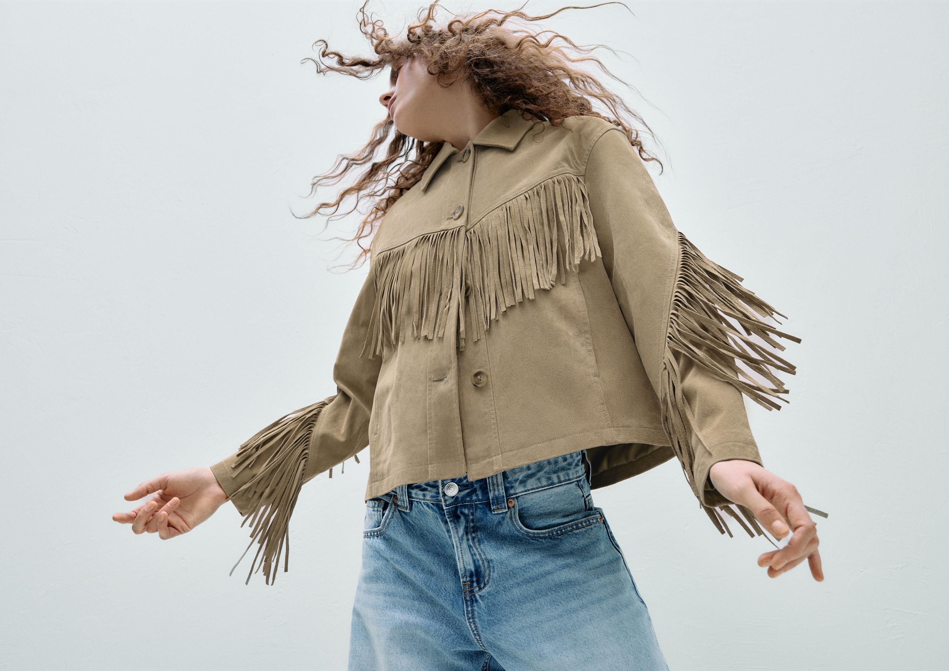 Fringed leather jacket — Stone