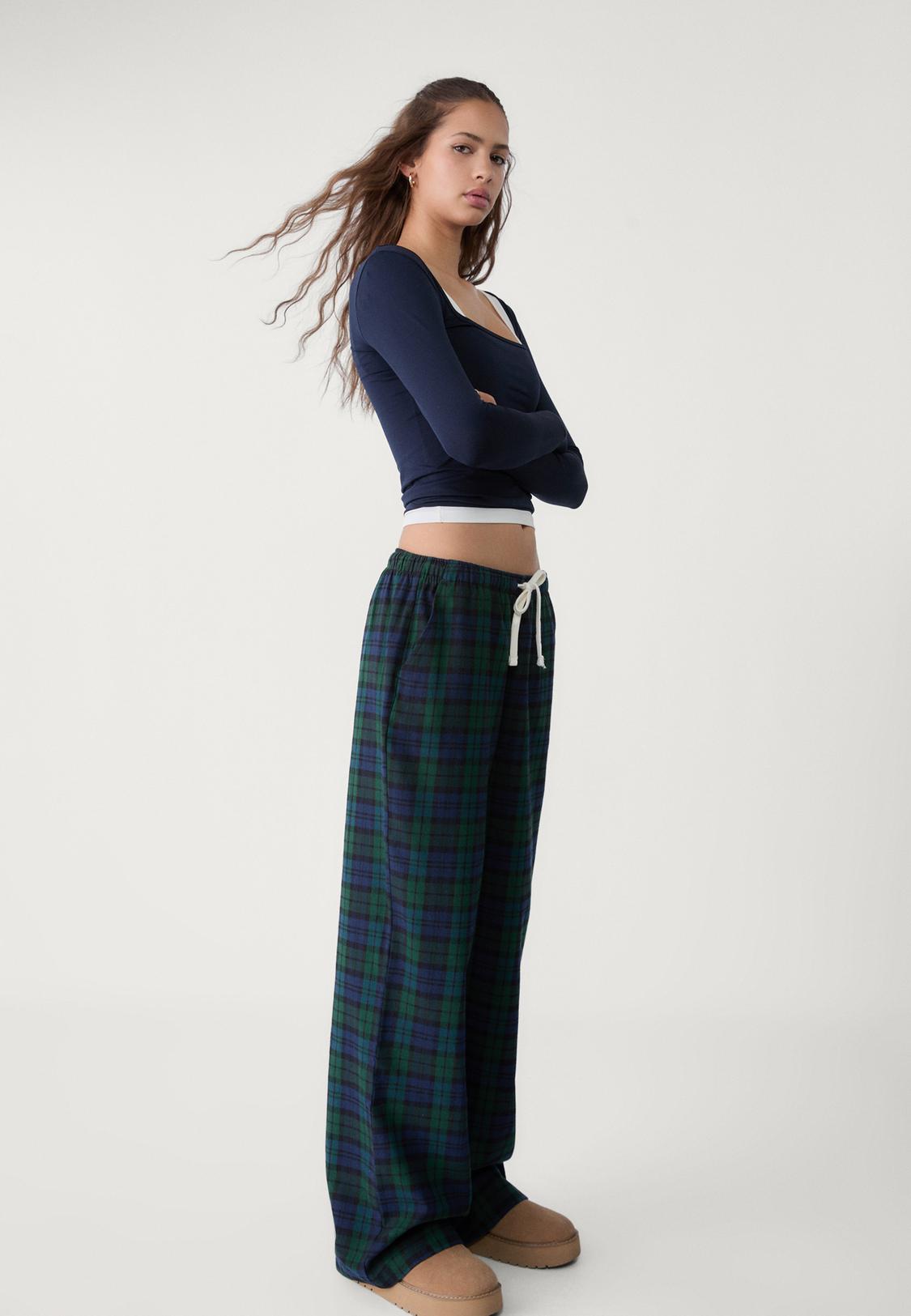 Wide Leg Stradivarius Plaid Pants Blue Embroidered Trousers