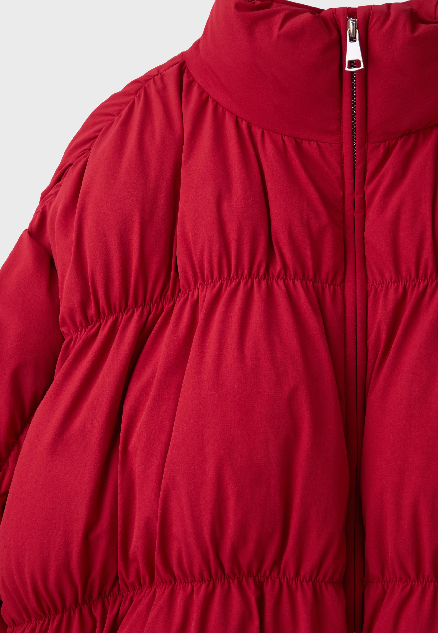 Padded jacket with high neck and gathered detail — Dark red
