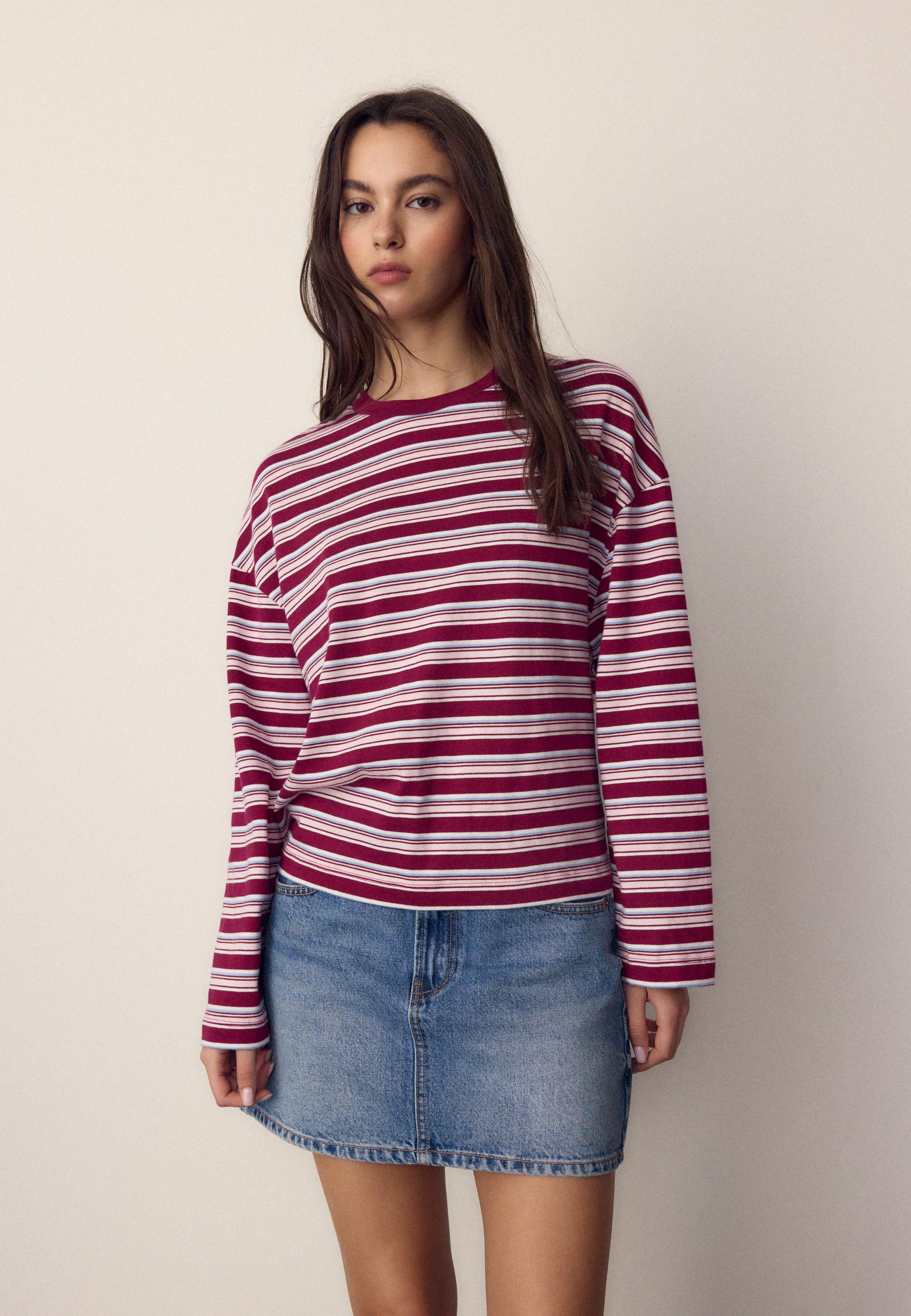 Oversize long sleeve striped T-shirt — Burgundy