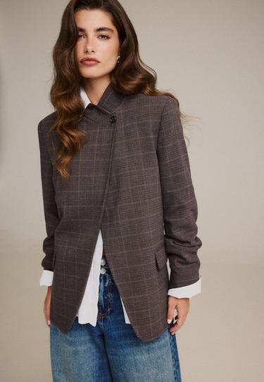 Asymmetric check blazer — Beige 2