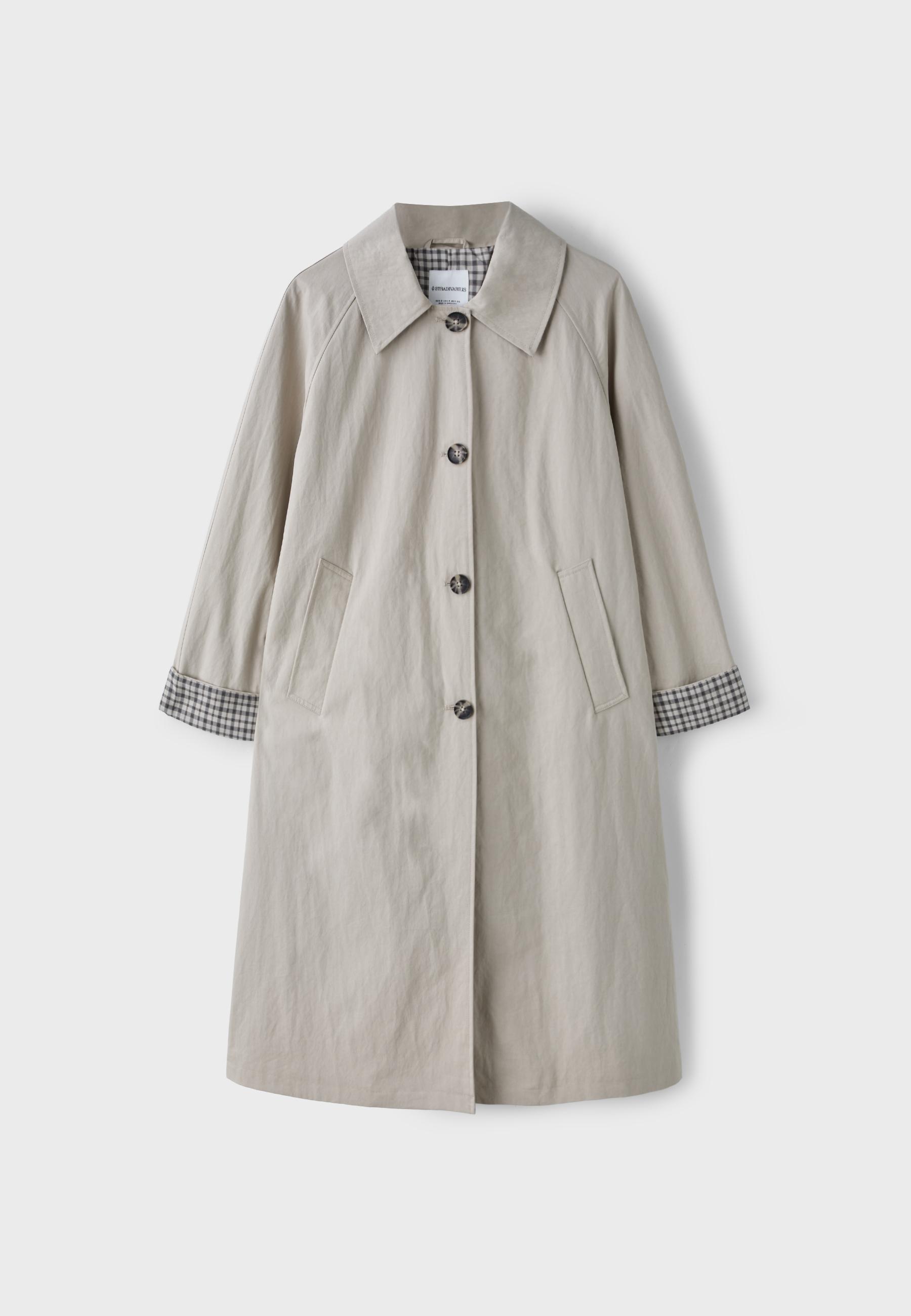 Check-lined long trench coat — Beige