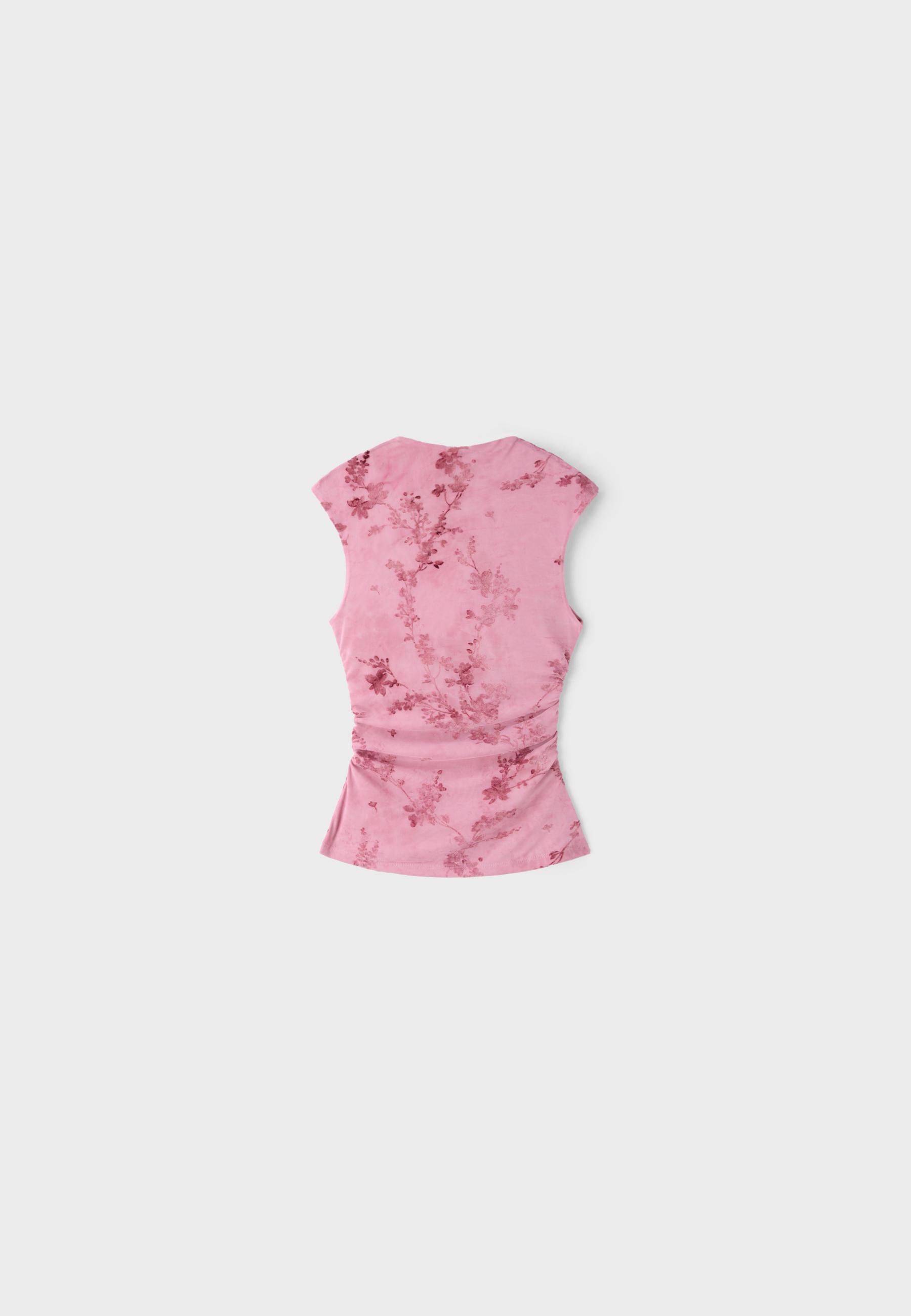 Flocked sleeveless funnel neck T-shirt — Salmon pink