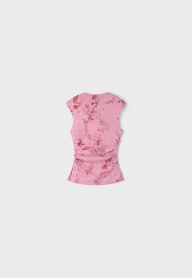 Flocked sleeveless funnel neck top — Salmon pink 7