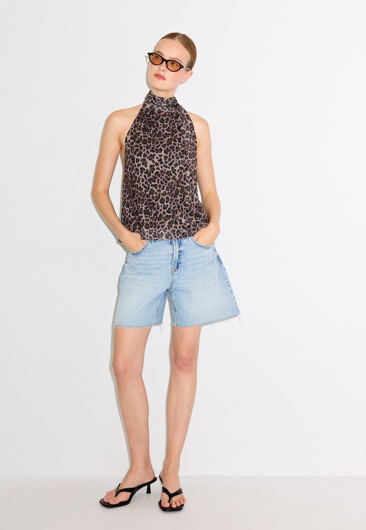 halter neck top with printed tulle scarf