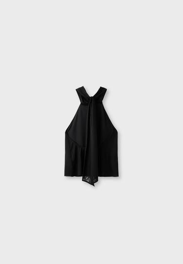 Printed tulle halter scarf top — Black 8