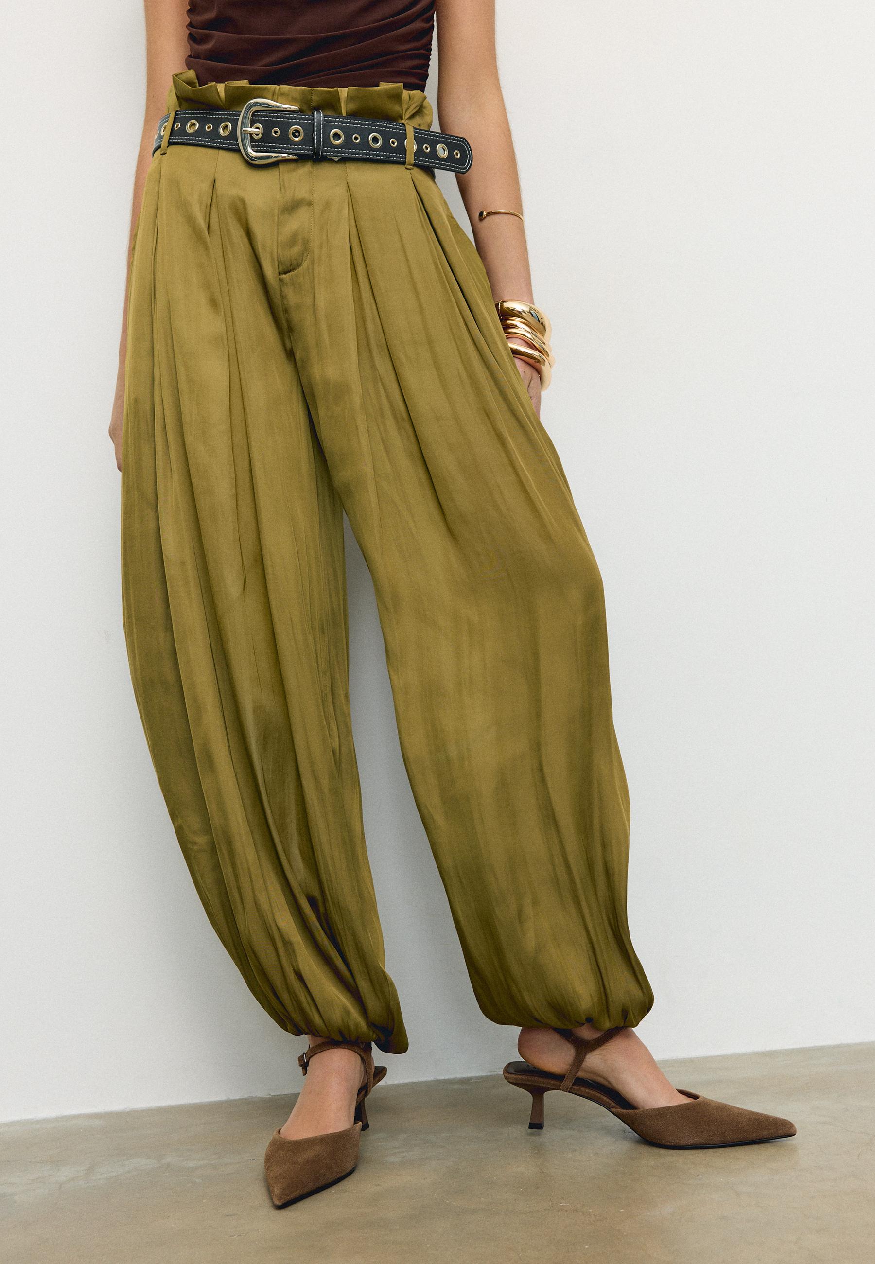Satin sarouel trousers with belt — Olive green