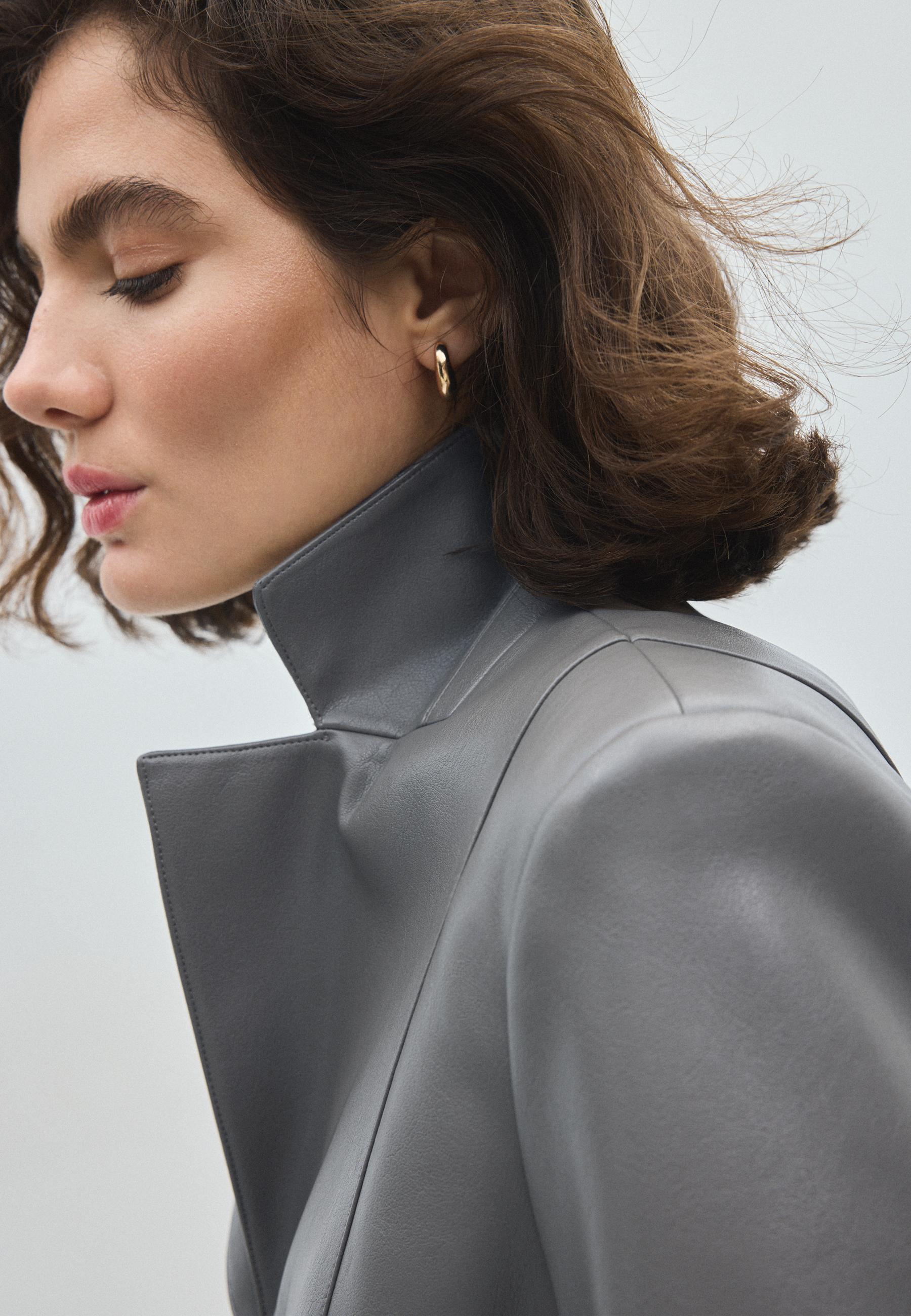 Fitted leather effect peplum blazer — Dark grey