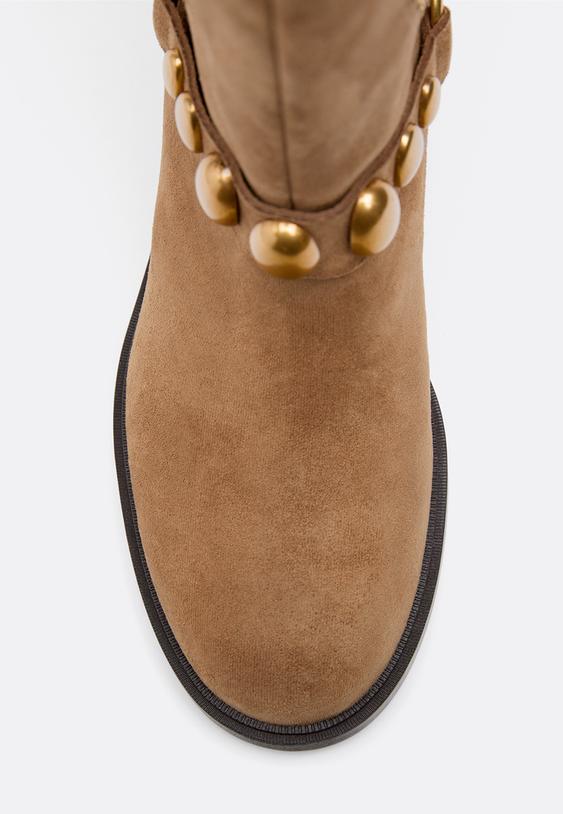 Stradivarius Flat Leather Effect Biker Boots Beige 3