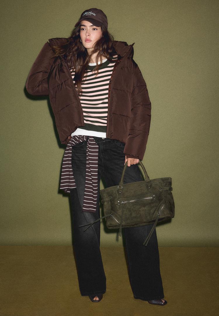 Stradivarius Cropped Pleteni Pulover Širokih Rukava Kaki S