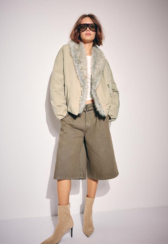 blouson matelasse col fausse fourrure