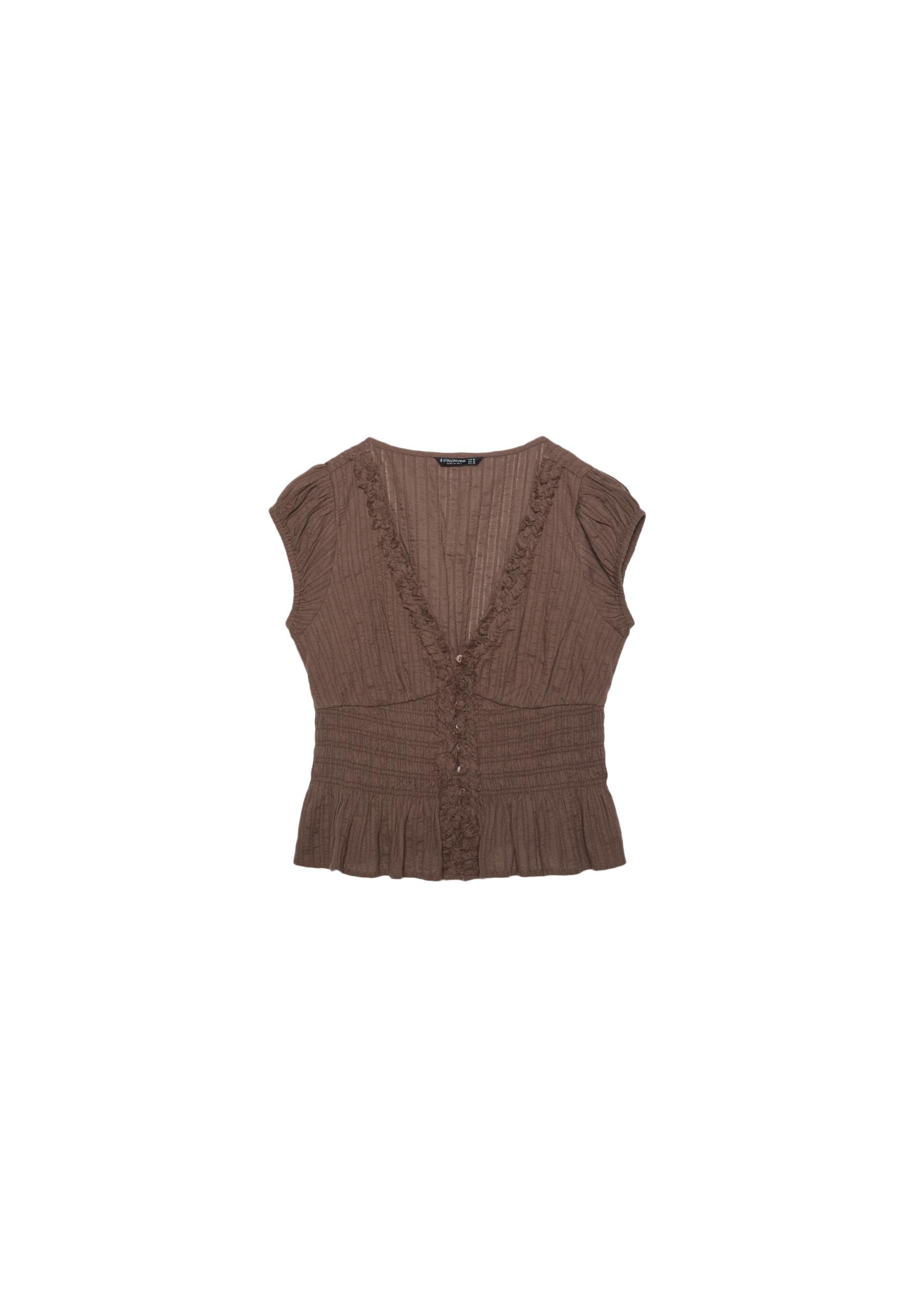 Short sleeve shirred shirt — Brown