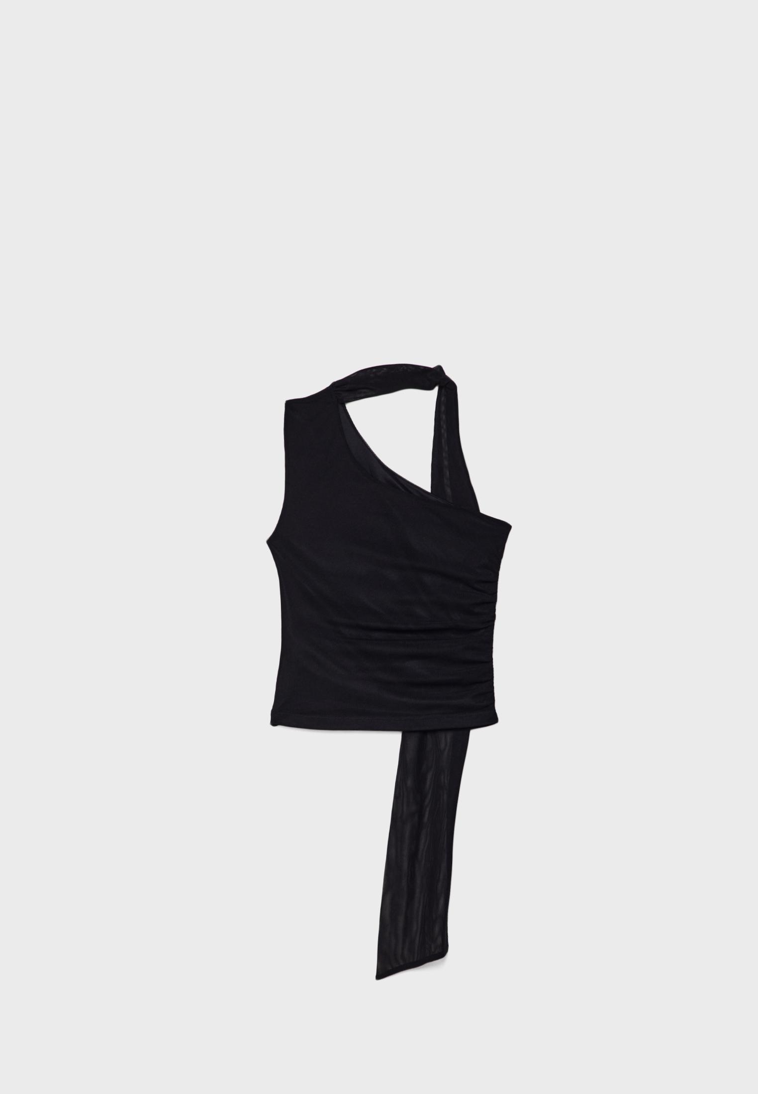 Asymmetric tulle top with scarf — Black