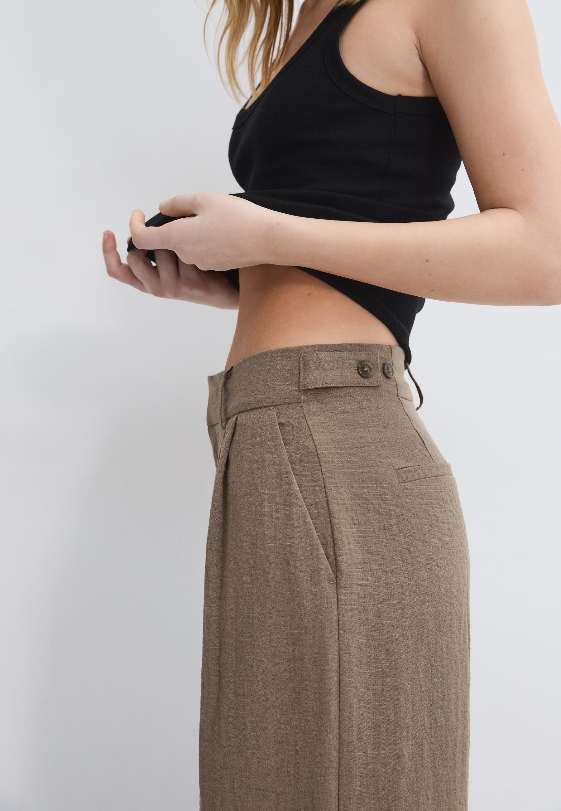 Ayarlanabilir düğmeli keten karışımlı bol paça pantolon - Görsel 5