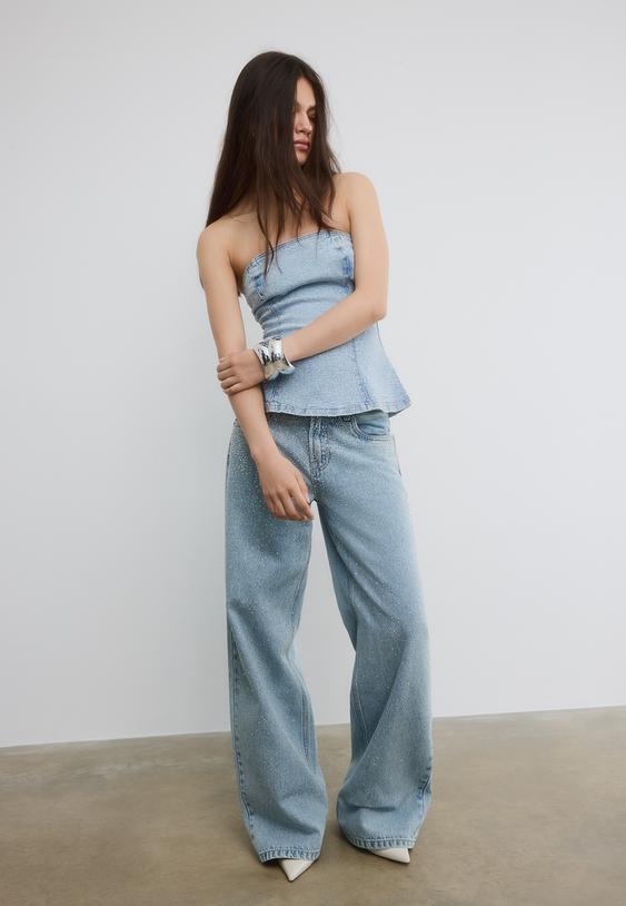 Stradivarius Sparkly Denim Bustier Top Medium Light Blue Denim Xl