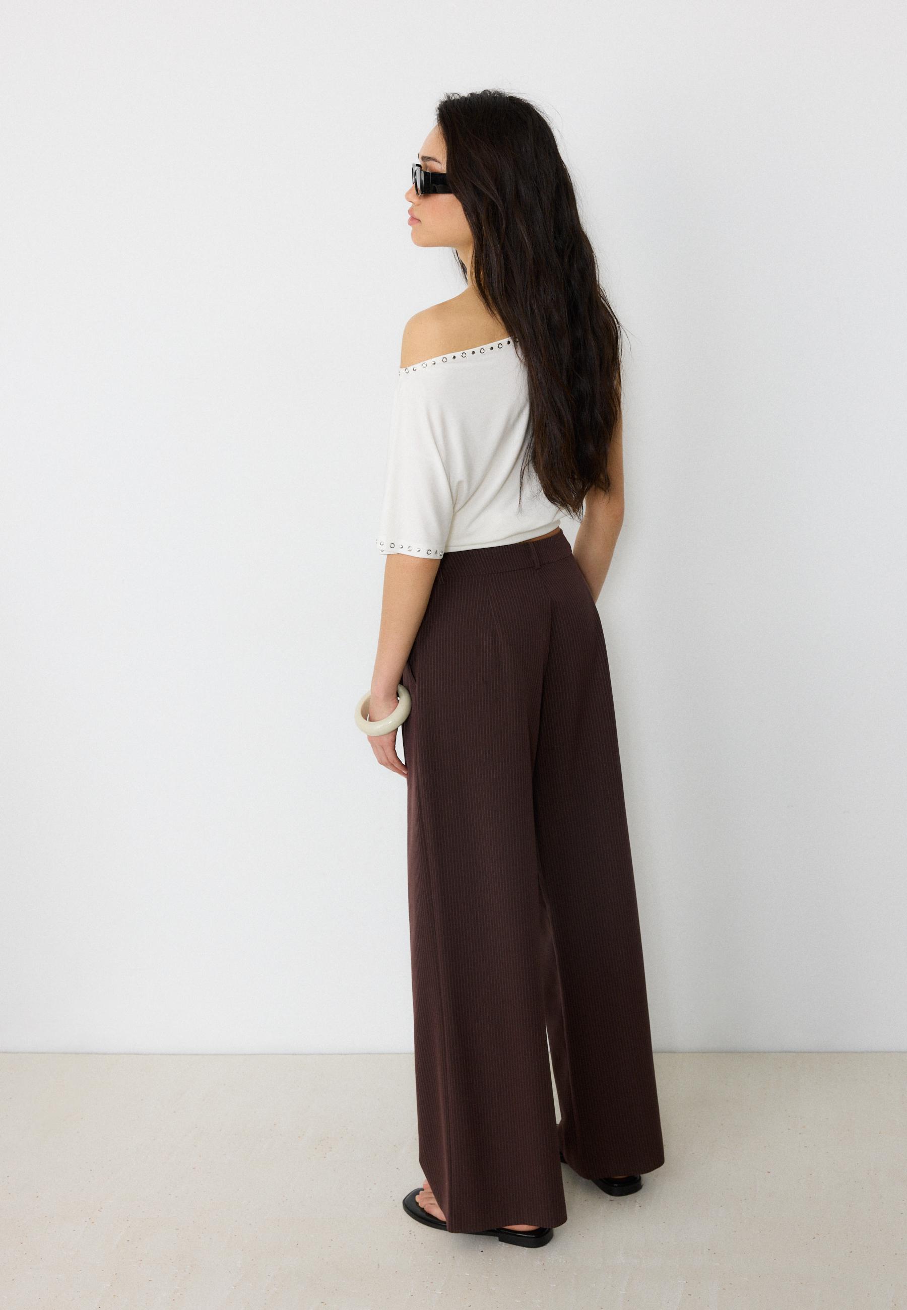 Casual striped smart trousers with crossover waist — Brown
